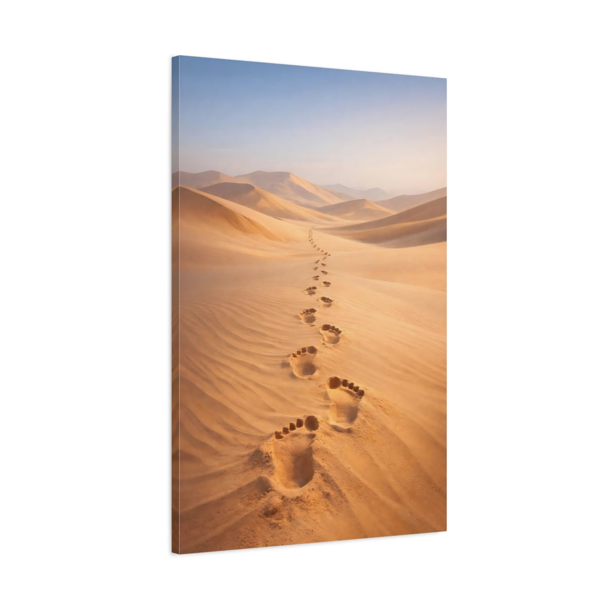 Side Mockup 1. Nature Footprints Golden Desert shown as stretched canvas wall art