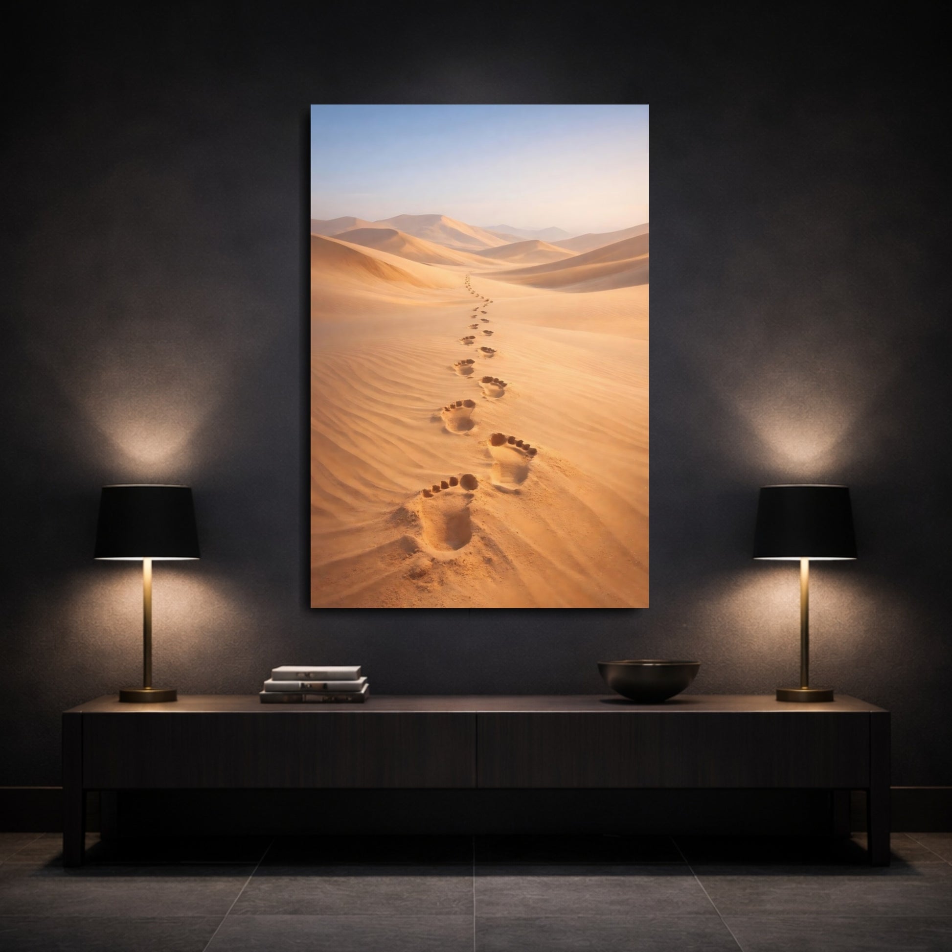 Mockup 2. Nature Footprints Golden Desert shown as stretched canvas wall art