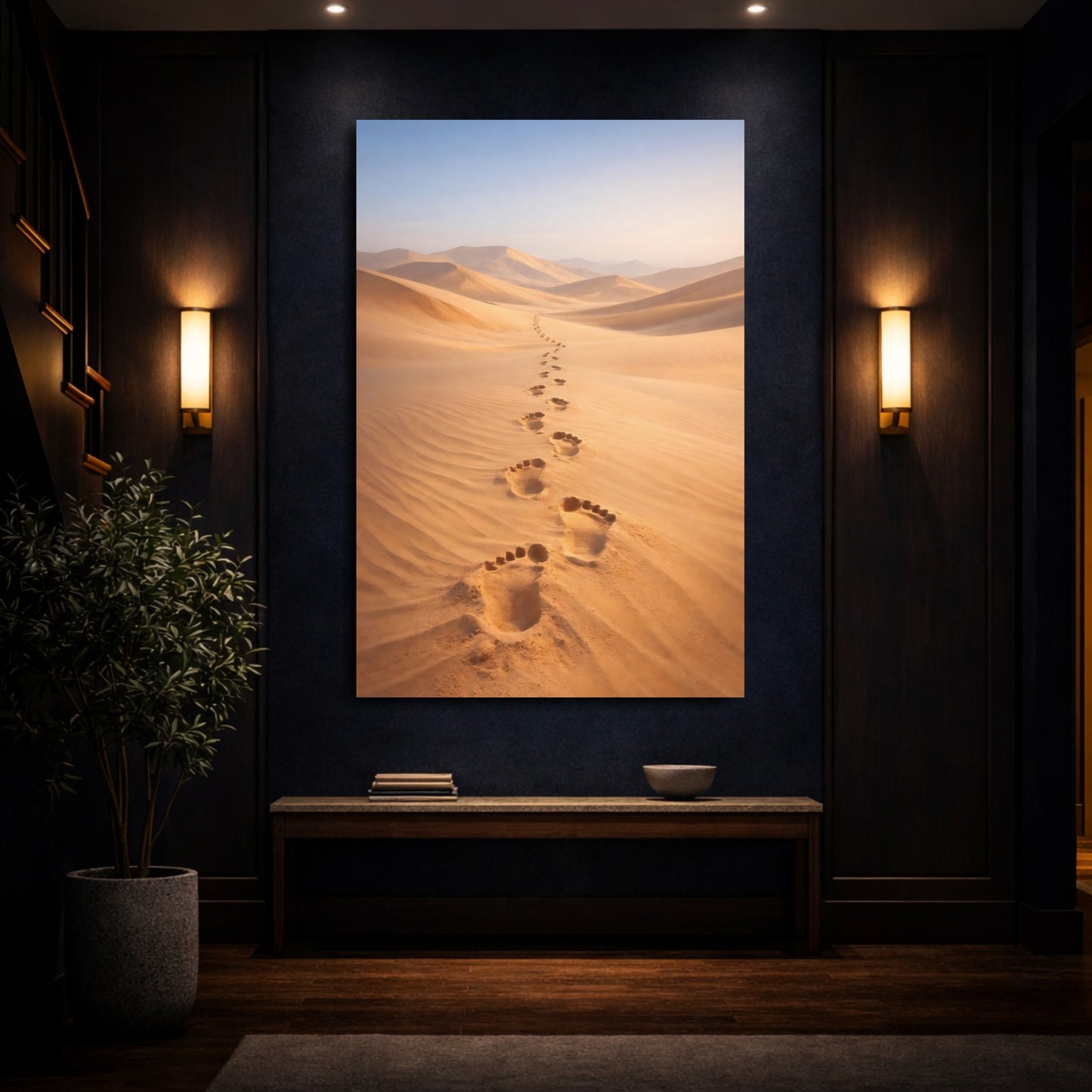 Mockup 3. Nature Footprints Golden Desert shown as stretched canvas wall art