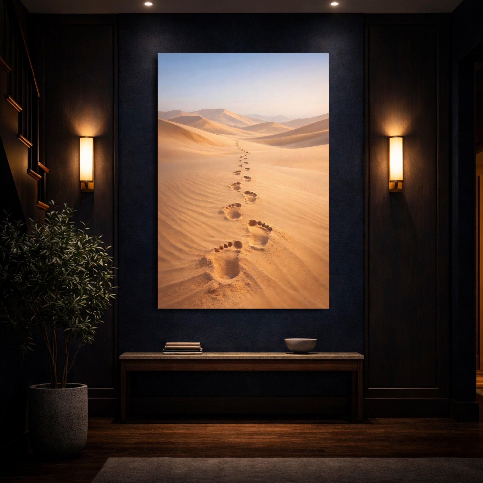 Mockup 3. Nature Footprints Golden Desert shown as stretched canvas wall art