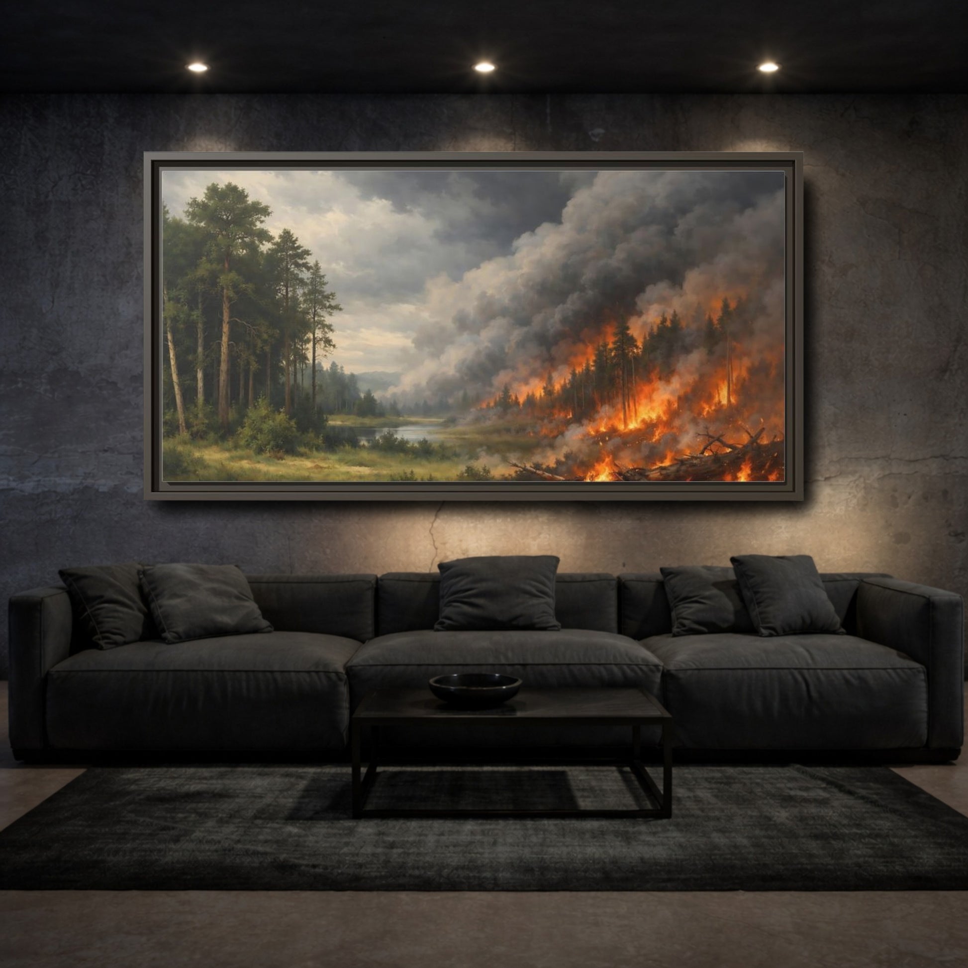 Mockup 2. Nature Forest Fire Dramatic Forest Fire shown as stretched canvas wall art