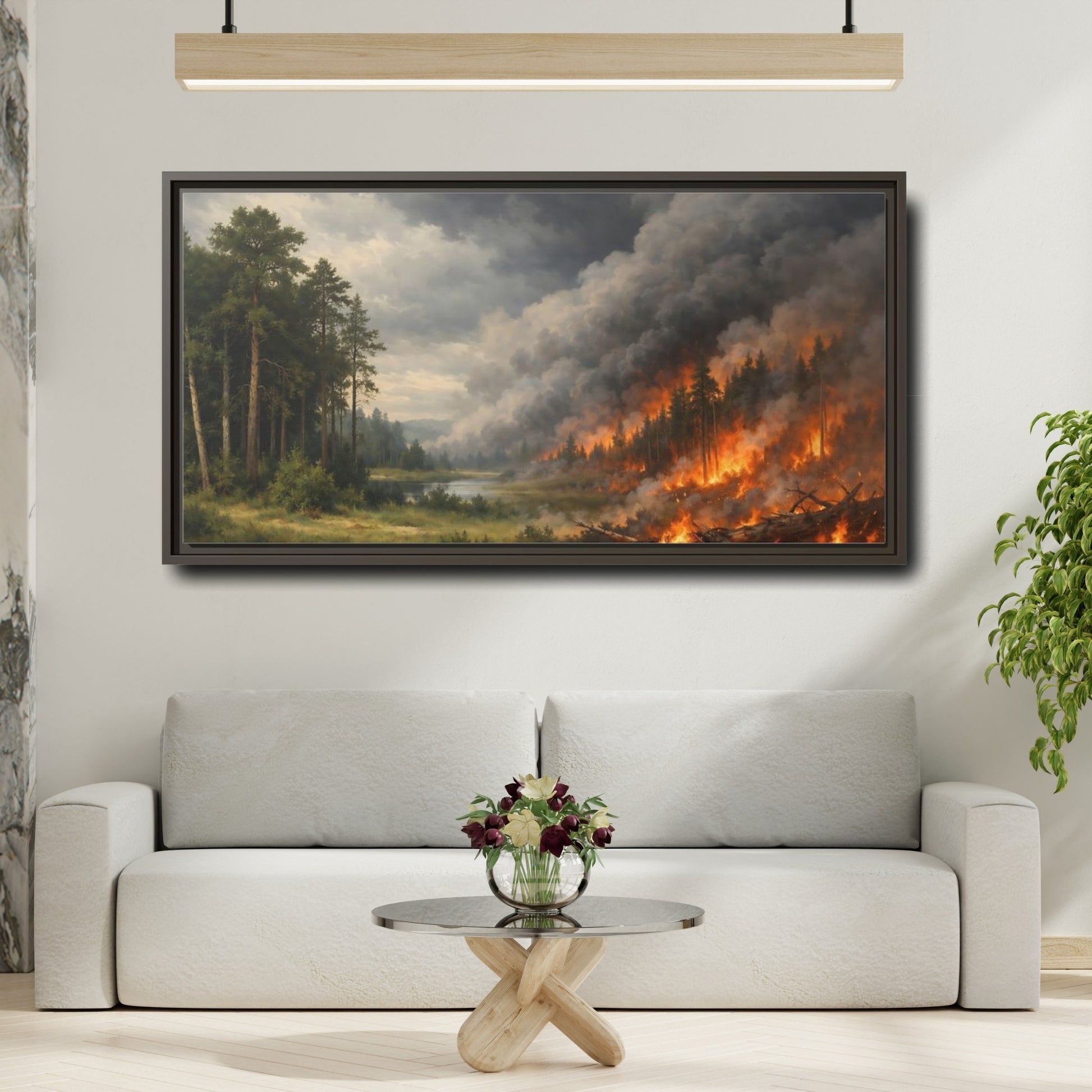 Mockup 3. Nature Forest Fire Dramatic Forest Fire shown as stretched canvas wall art