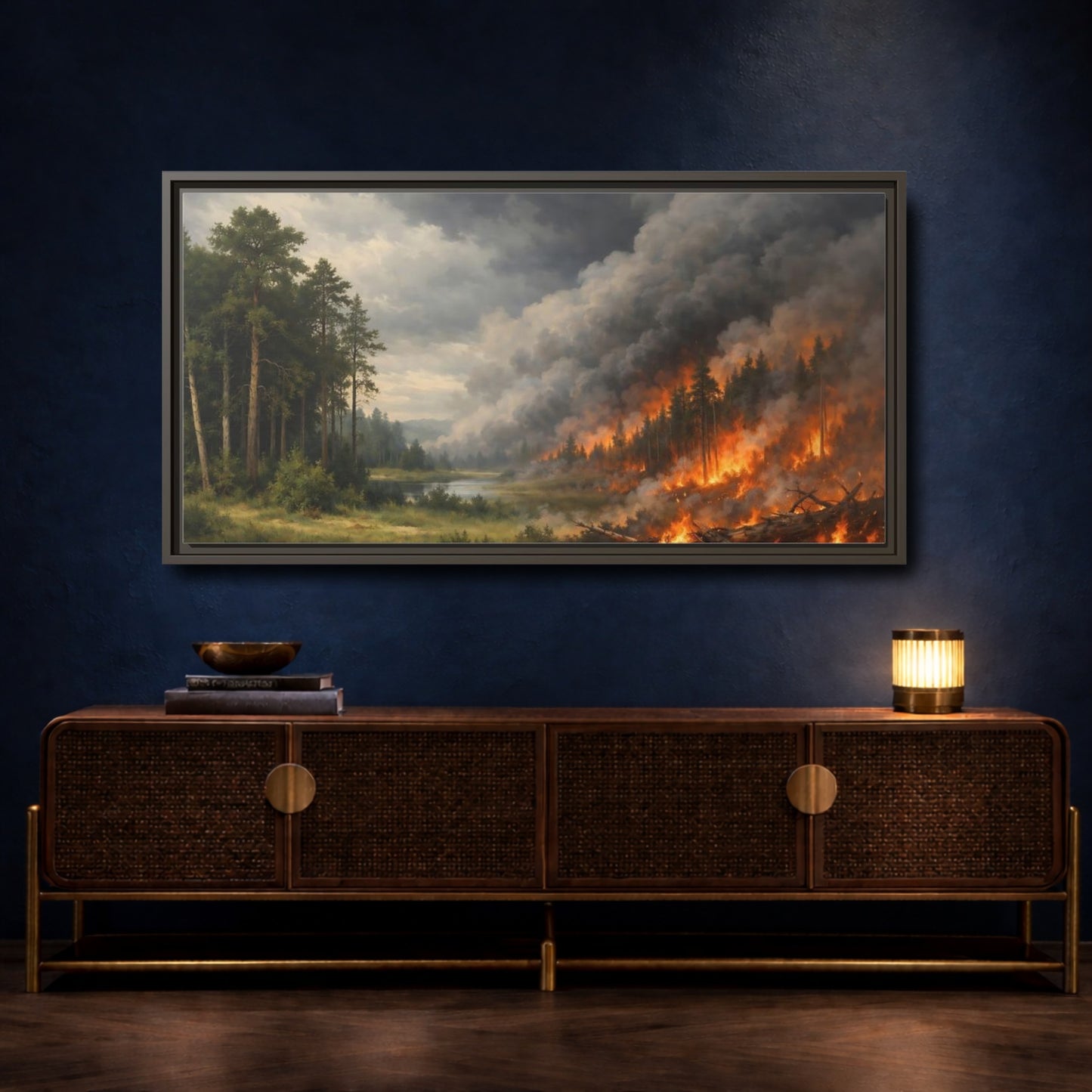 Mockup 4. Nature Forest Fire Dramatic Forest Fire shown as stretched canvas wall art
