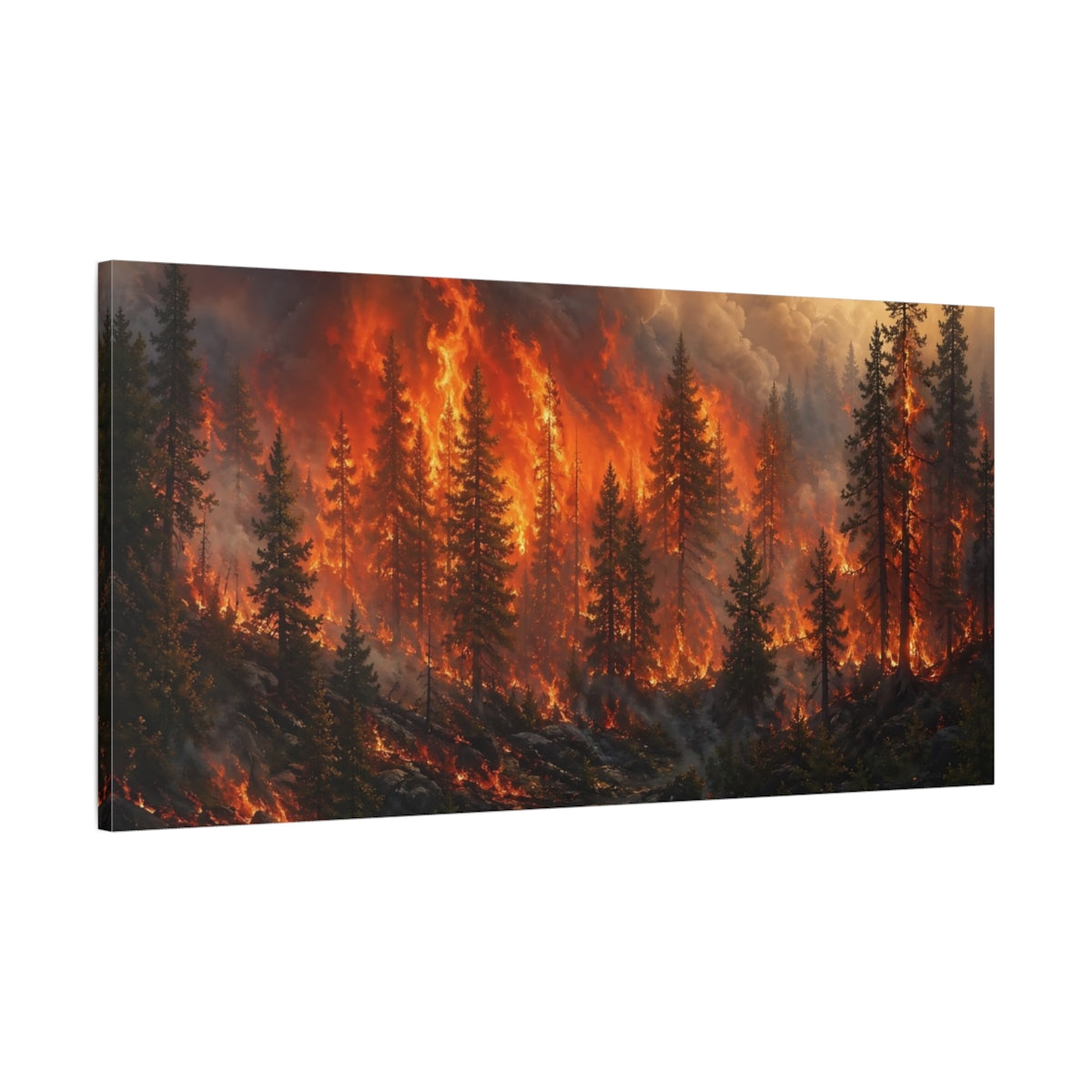 Main Mockup. Nature Forest Fire Orange And Black shown as stretched canvas wall art