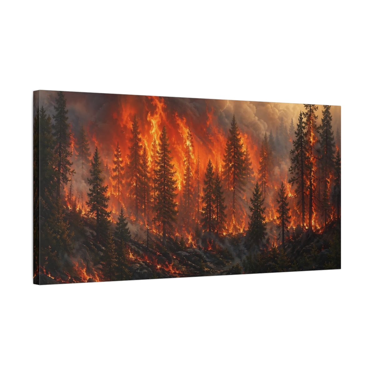 Side Mockup 1. Nature Forest Fire Orange And Black shown as stretched canvas wall art