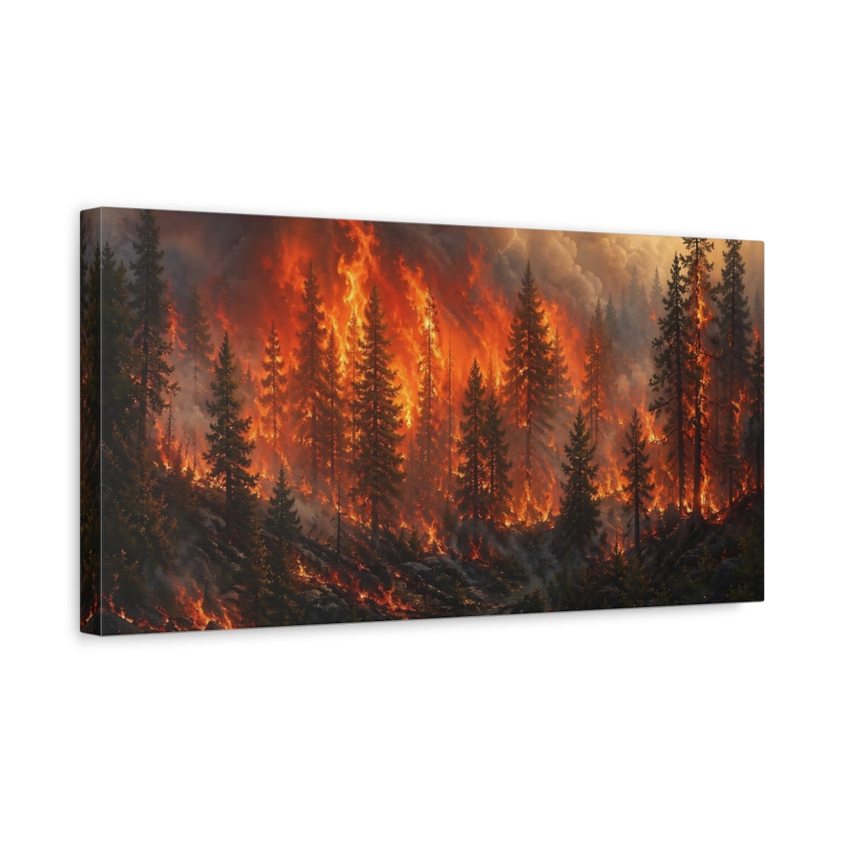 Side Mockup 3. Nature Forest Fire Orange And Black shown as stretched canvas wall art