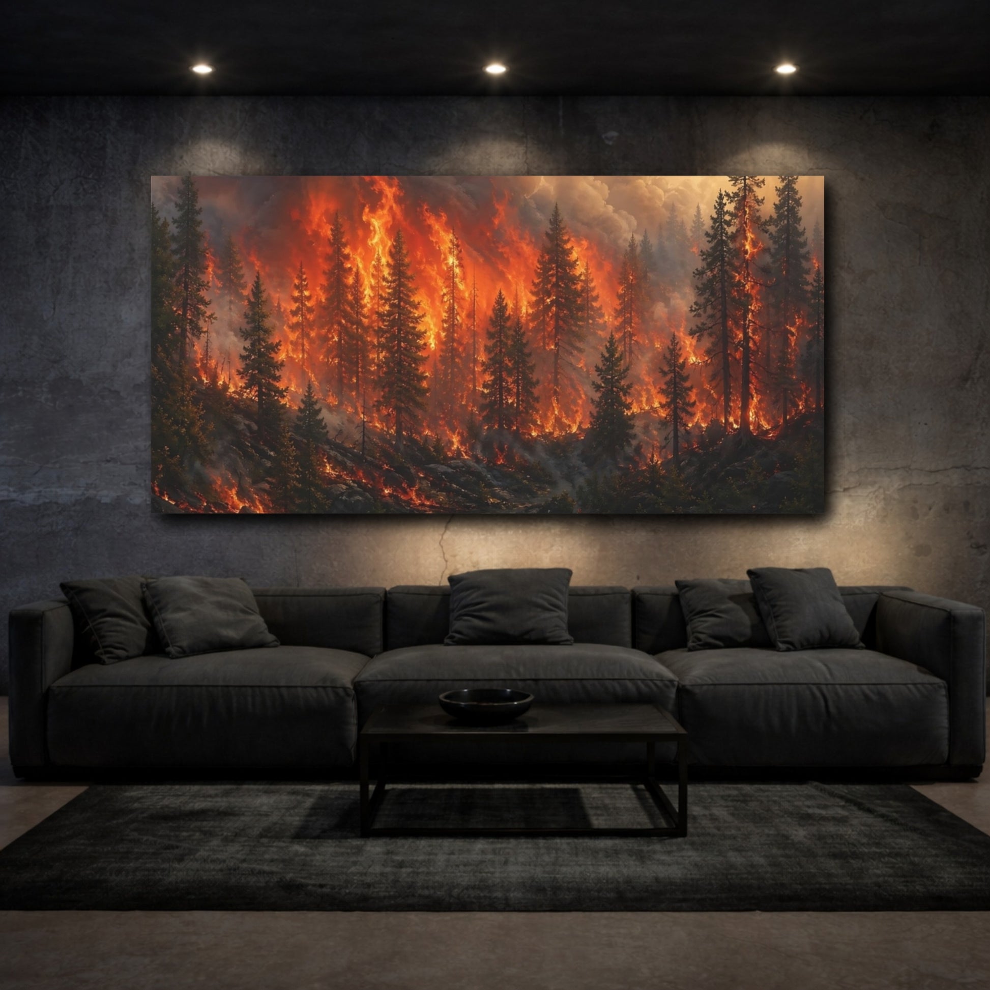 Mockup 2. Nature Forest Fire Orange And Black shown as stretched canvas wall art