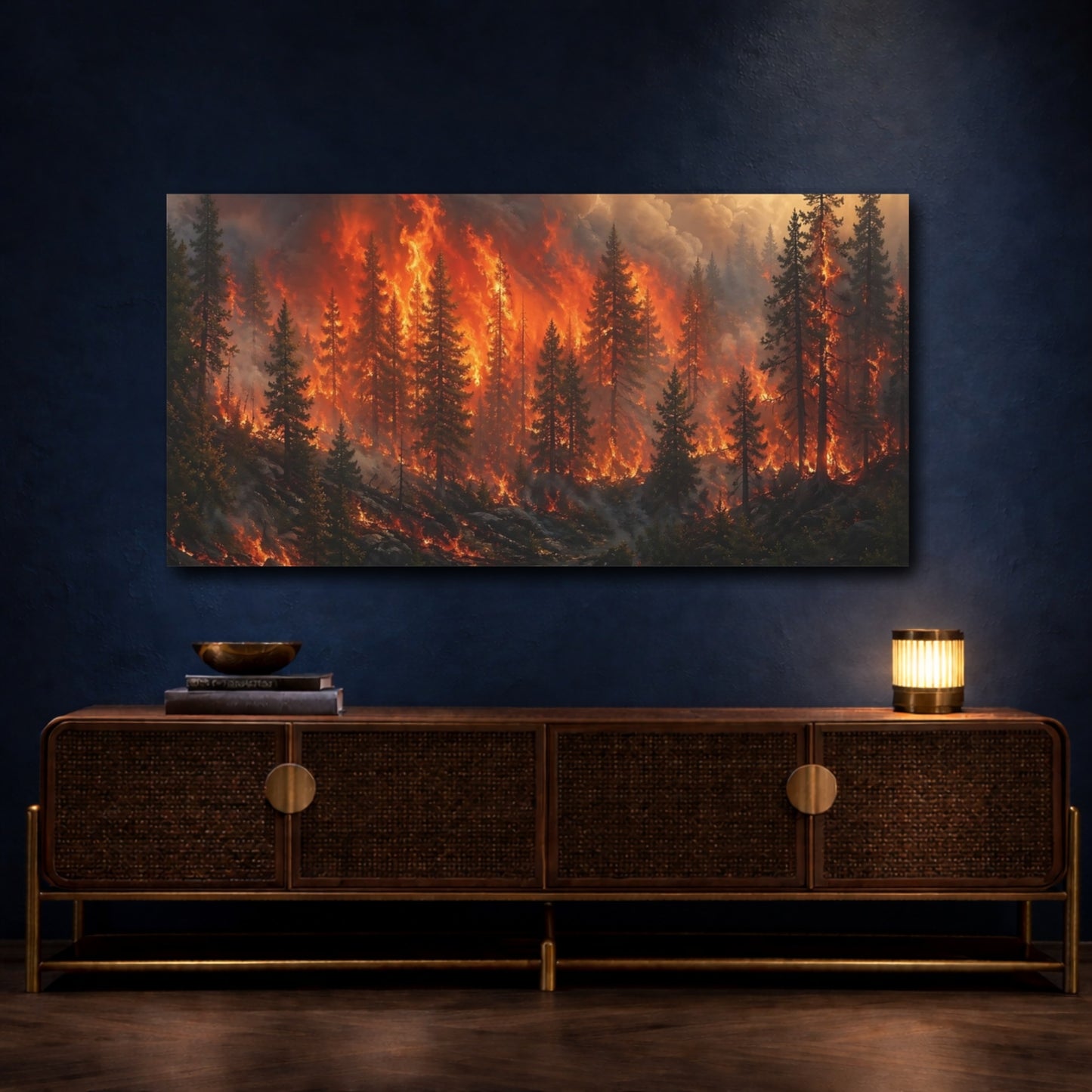 Mockup 4. Nature Forest Fire Orange And Black shown as stretched canvas wall art