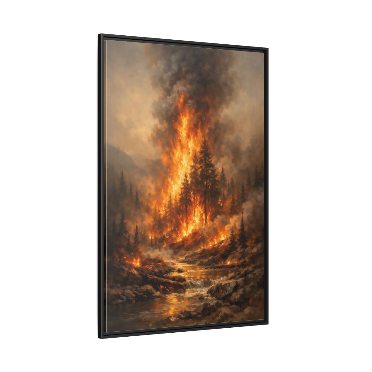 Main Mockup. Nature Forest Fire Orange And Brown Fire shown as stretched canvas wall art