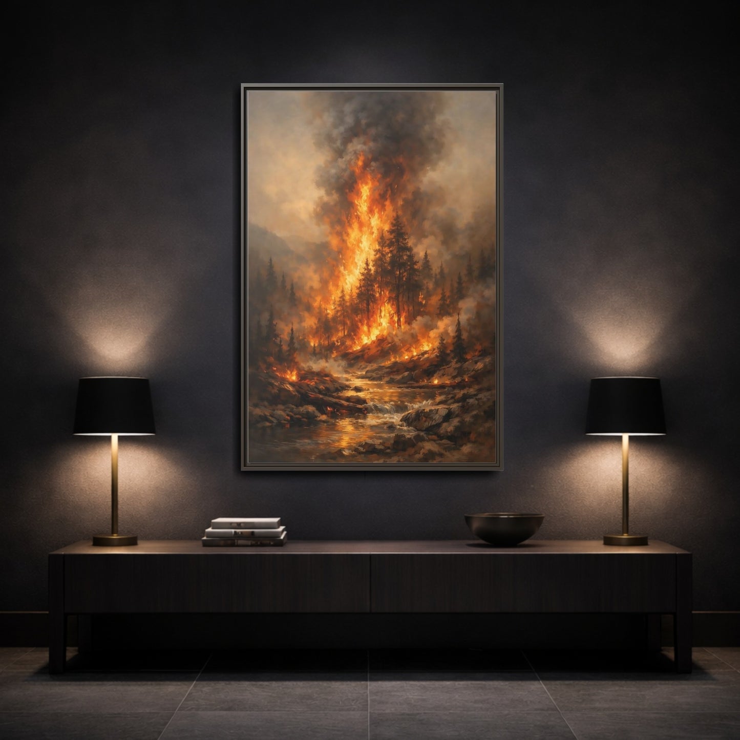 Mockup 2. Nature Forest Fire Orange And Brown Fire shown as stretched canvas wall art