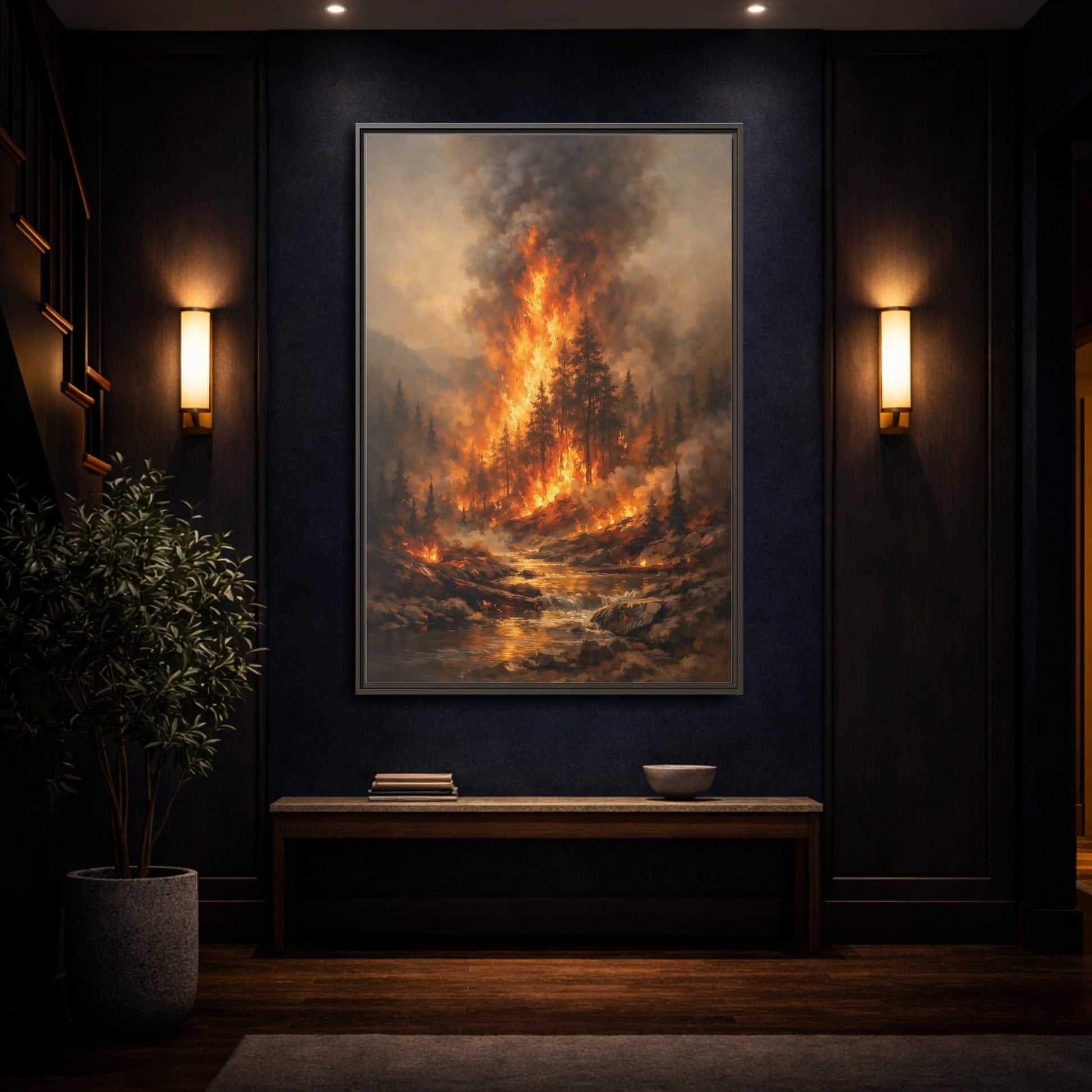 Mockup 3. Nature Forest Fire Orange And Brown Fire shown as stretched canvas wall art