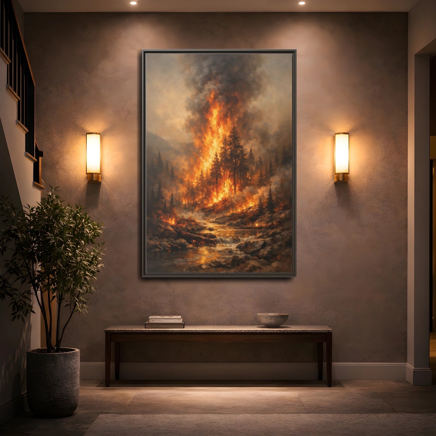 Mockup 4. Nature Forest Fire Orange And Brown Fire shown as stretched canvas wall art