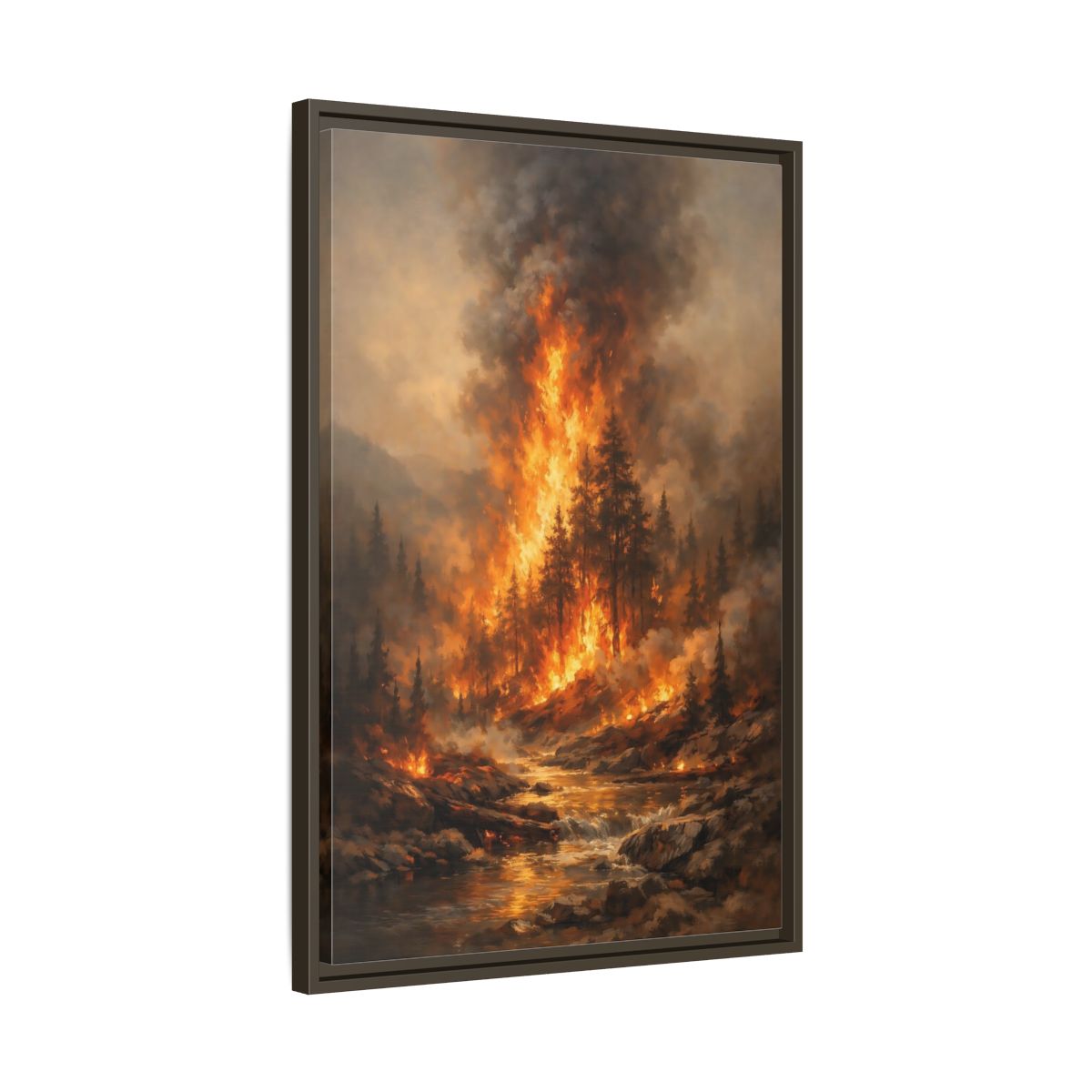 Side Mockup 12. Nature Forest Fire Orange And Brown Fire shown as stretched canvas wall art