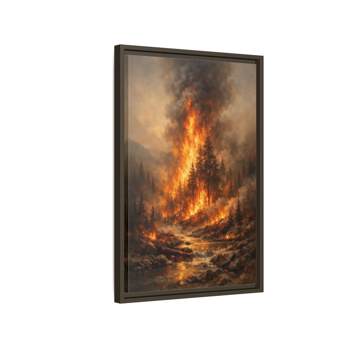 Side Mockup 2. Nature Forest Fire Orange And Brown Fire shown as stretched canvas wall art