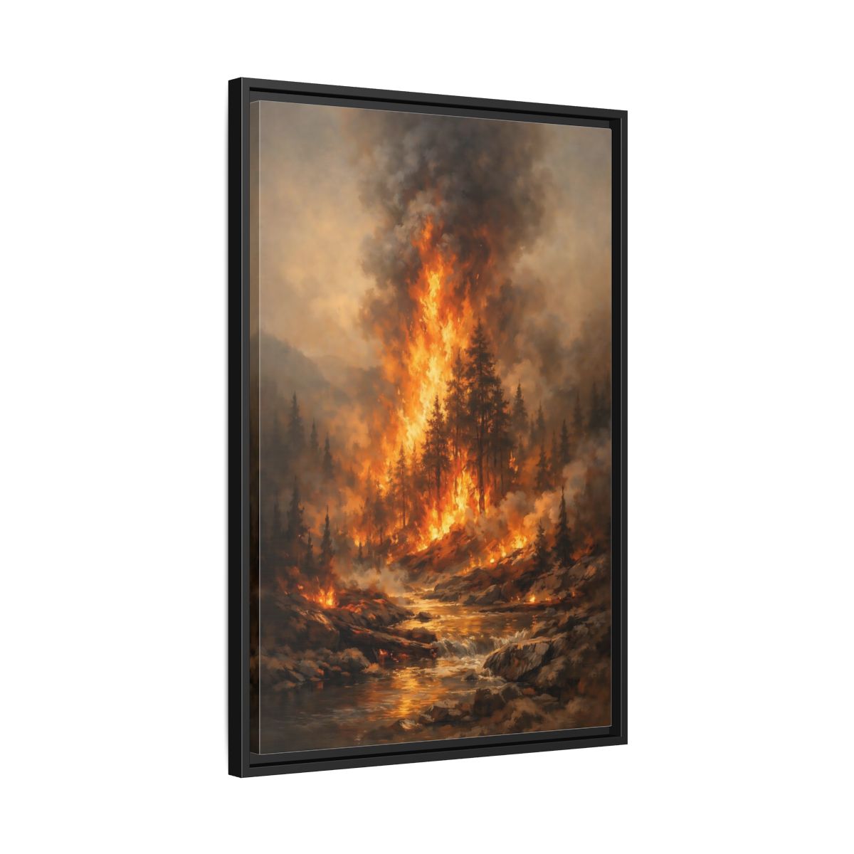 Side Mockup 14. Nature Forest Fire Orange And Brown Fire shown as stretched canvas wall art