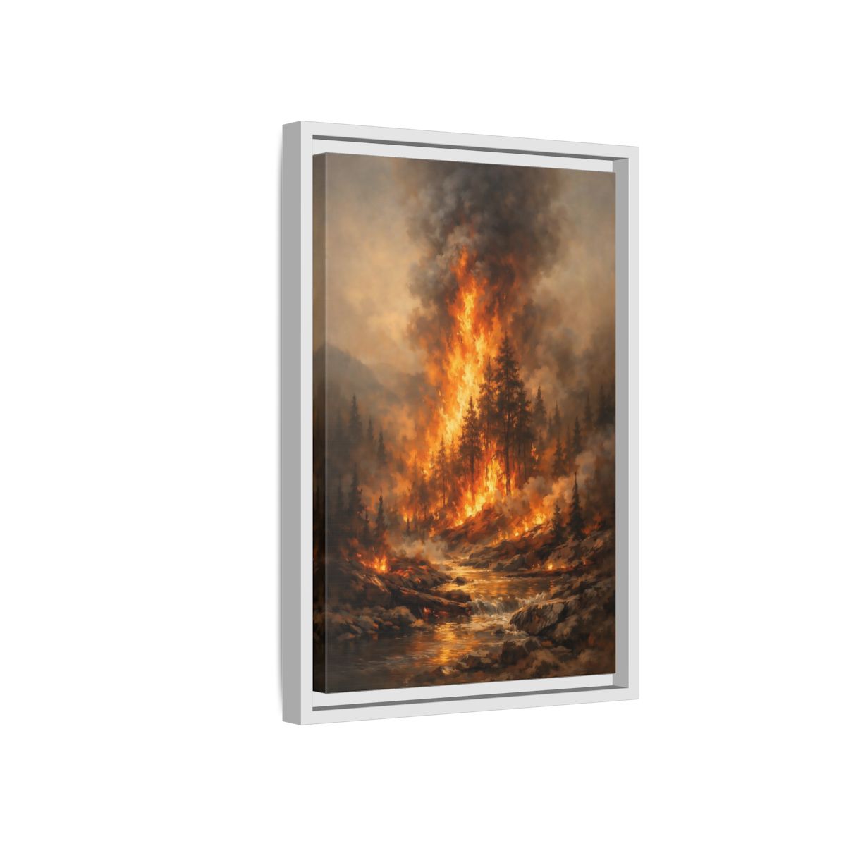 Side Mockup 4. Nature Forest Fire Orange And Brown Fire shown as stretched canvas wall art