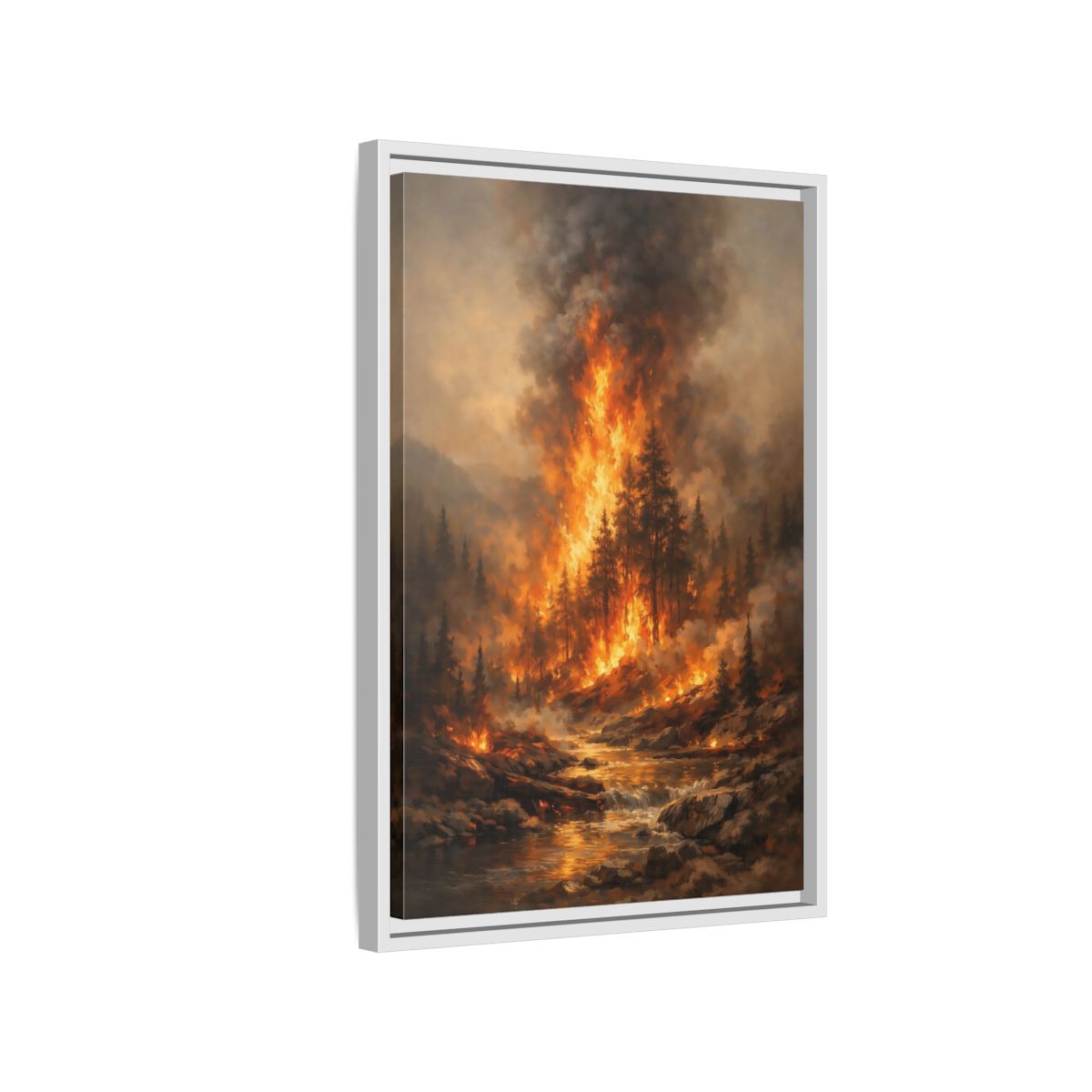 Side Mockup 1. Nature Forest Fire Orange And Brown Fire shown as stretched canvas wall art