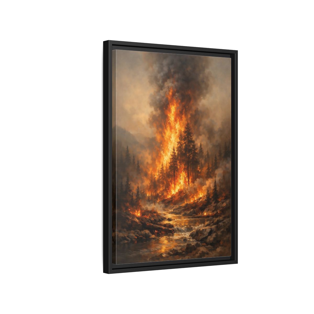 Side Mockup 3. Nature Forest Fire Orange And Brown Fire shown as stretched canvas wall art