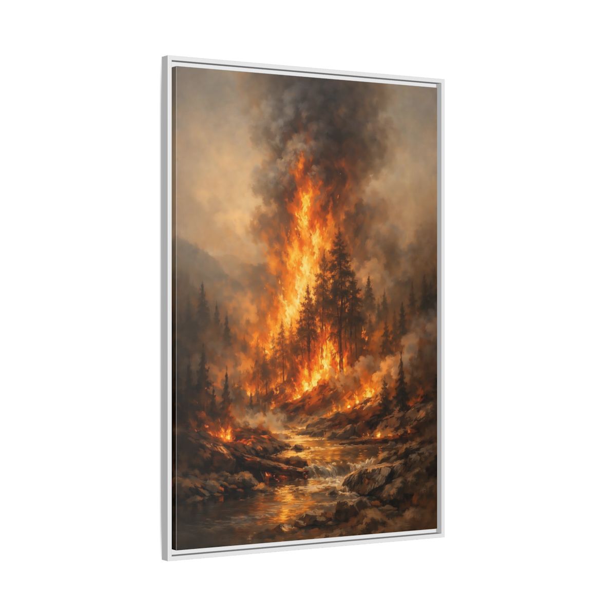 Side Mockup 7. Nature Forest Fire Orange And Brown Fire shown as stretched canvas wall art