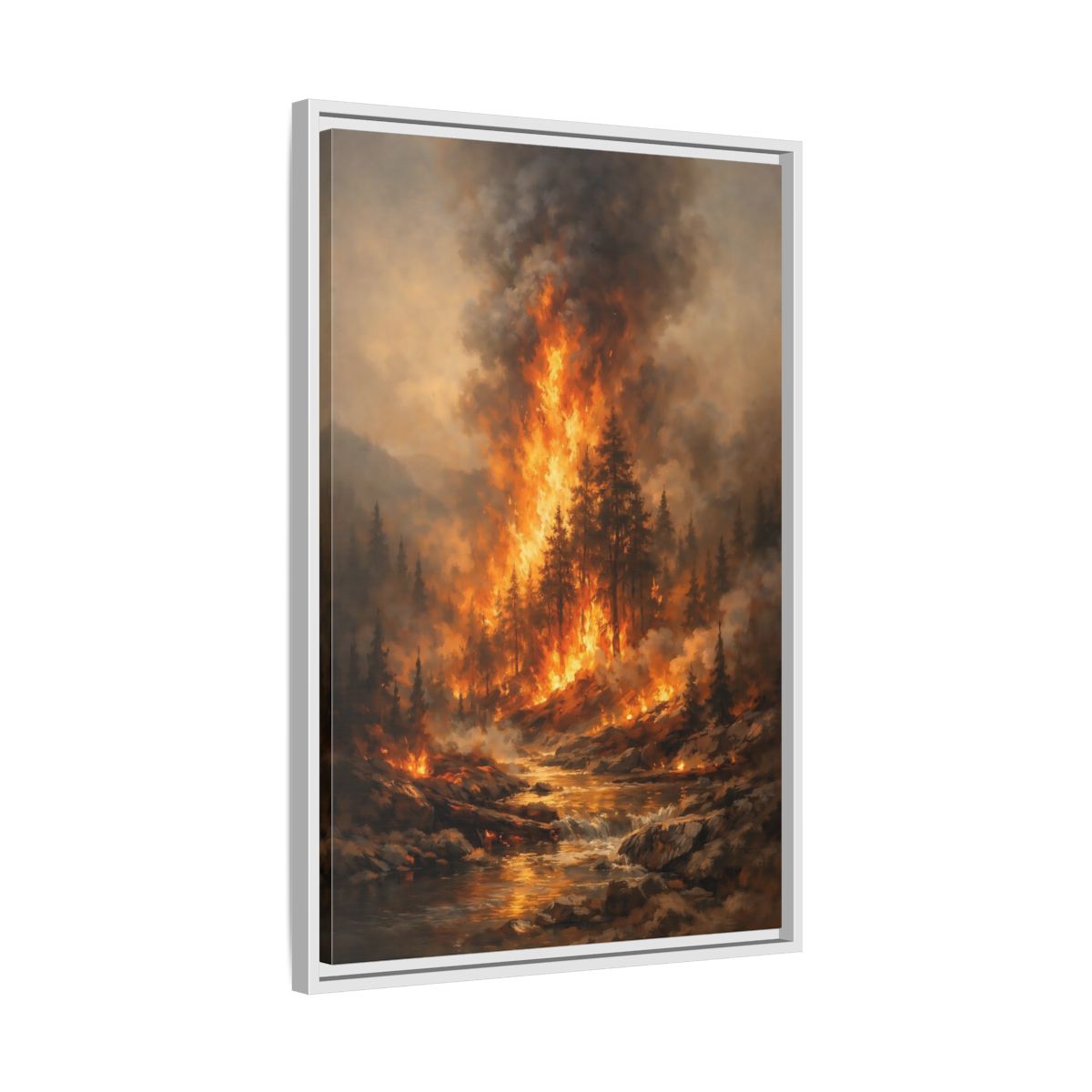 Side Mockup 11. Nature Forest Fire Orange And Brown Fire shown as stretched canvas wall art