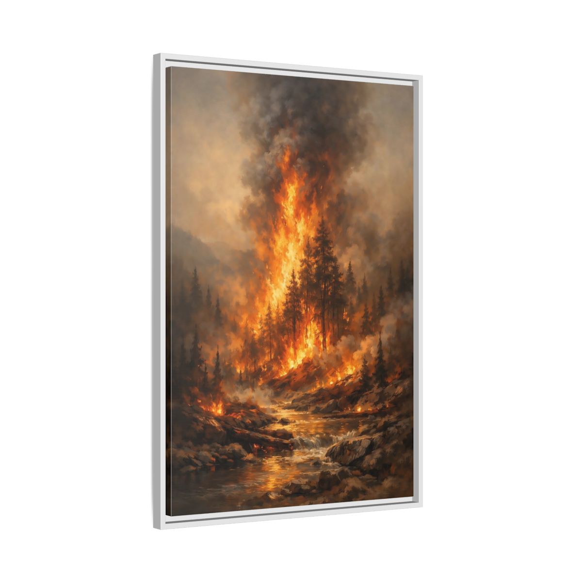 Side Mockup 9. Nature Forest Fire Orange And Brown Fire shown as stretched canvas wall art