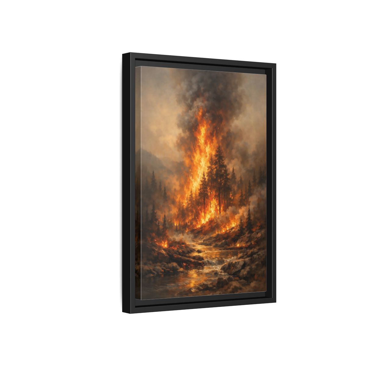 Side Mockup 6. Nature Forest Fire Orange And Brown Fire shown as stretched canvas wall art