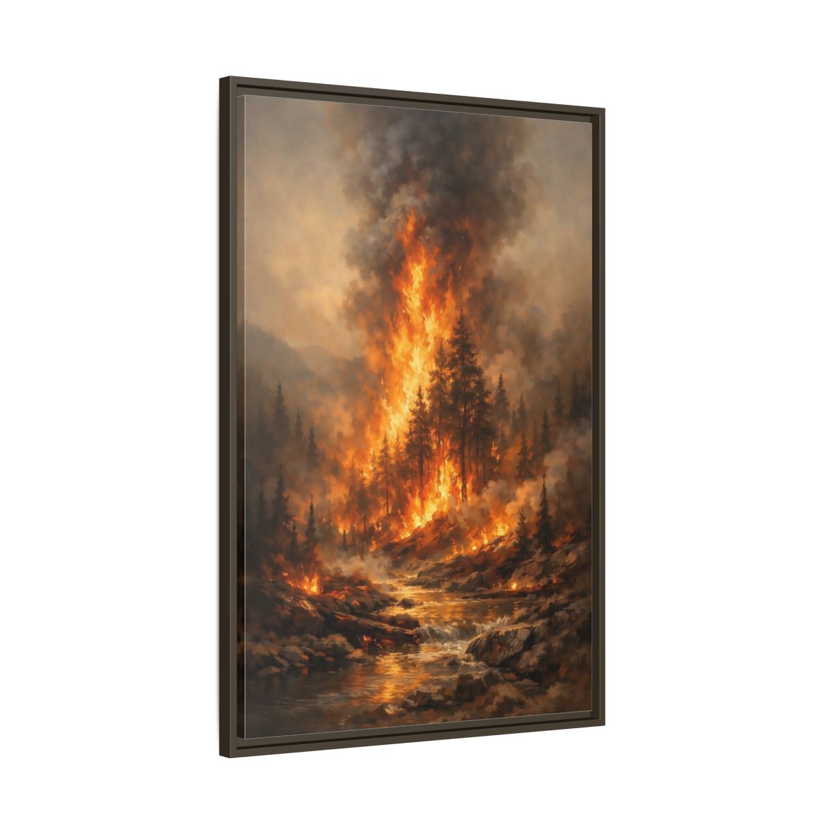 Side Mockup 10. Nature Forest Fire Orange And Brown Fire shown as stretched canvas wall art