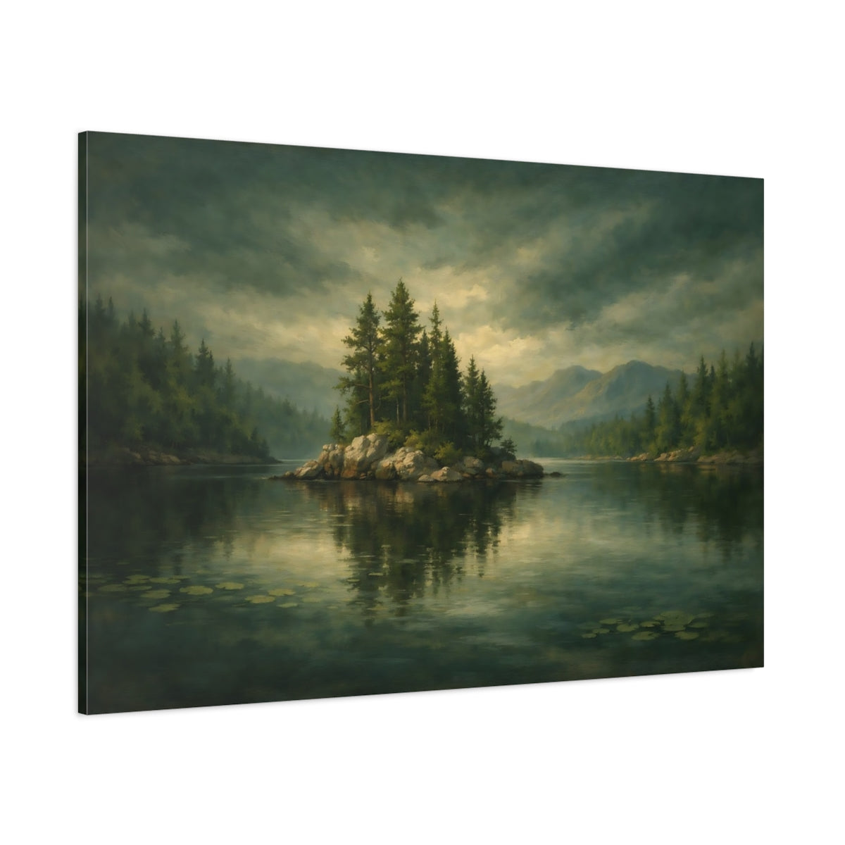 Main Mockup. Nature Forest Island Green Lake shown as stretched canvas wall art