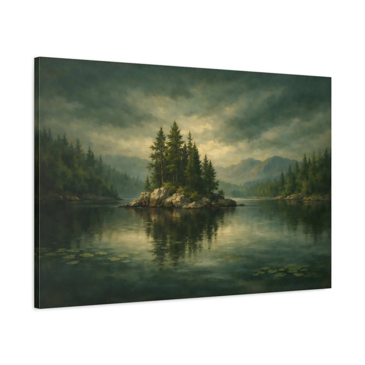 Side Mockup 1. Nature Forest Island Green Lake shown as stretched canvas wall art