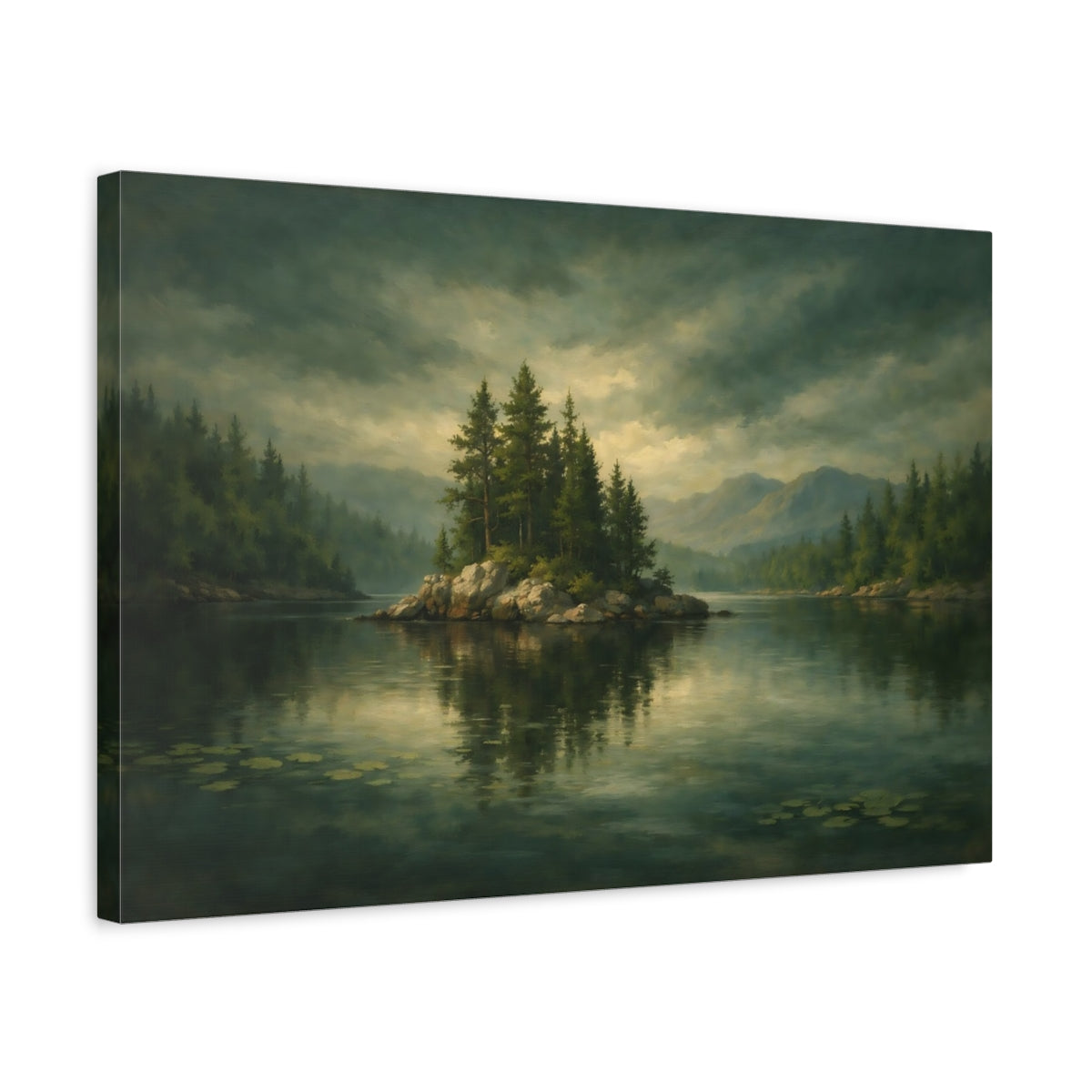 Side Mockup 3. Nature Forest Island Green Lake shown as stretched canvas wall art