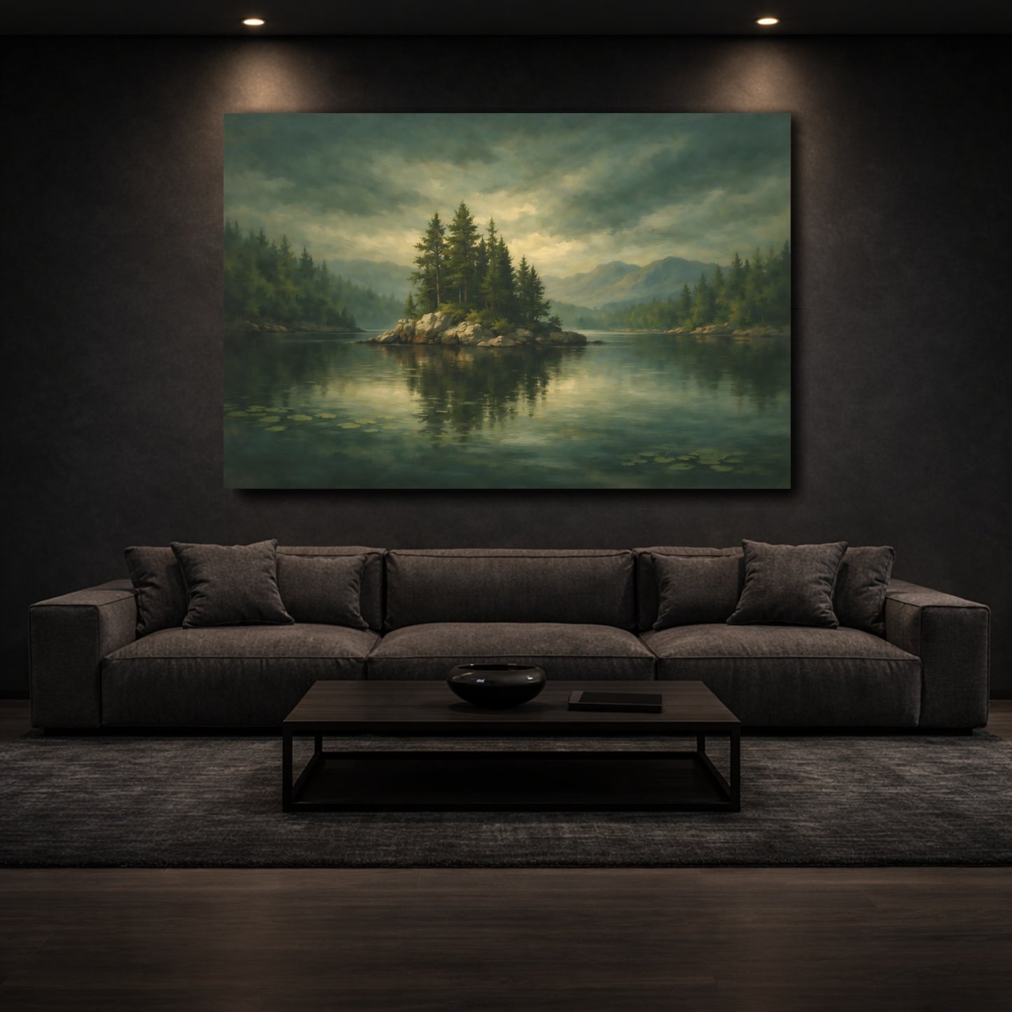 Mockup 2. Nature Forest Island Green Lake shown as stretched canvas wall art