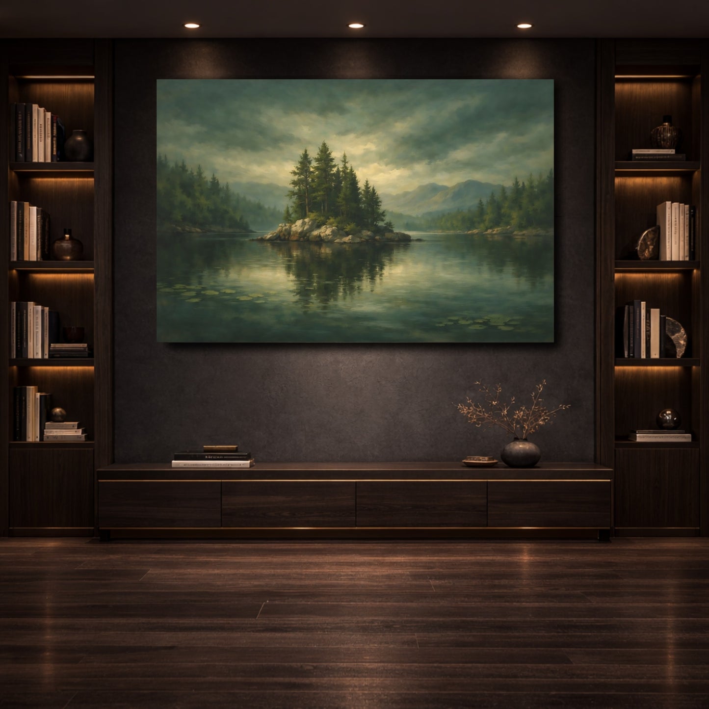 Mockup 3. Nature Forest Island Green Lake shown as stretched canvas wall art