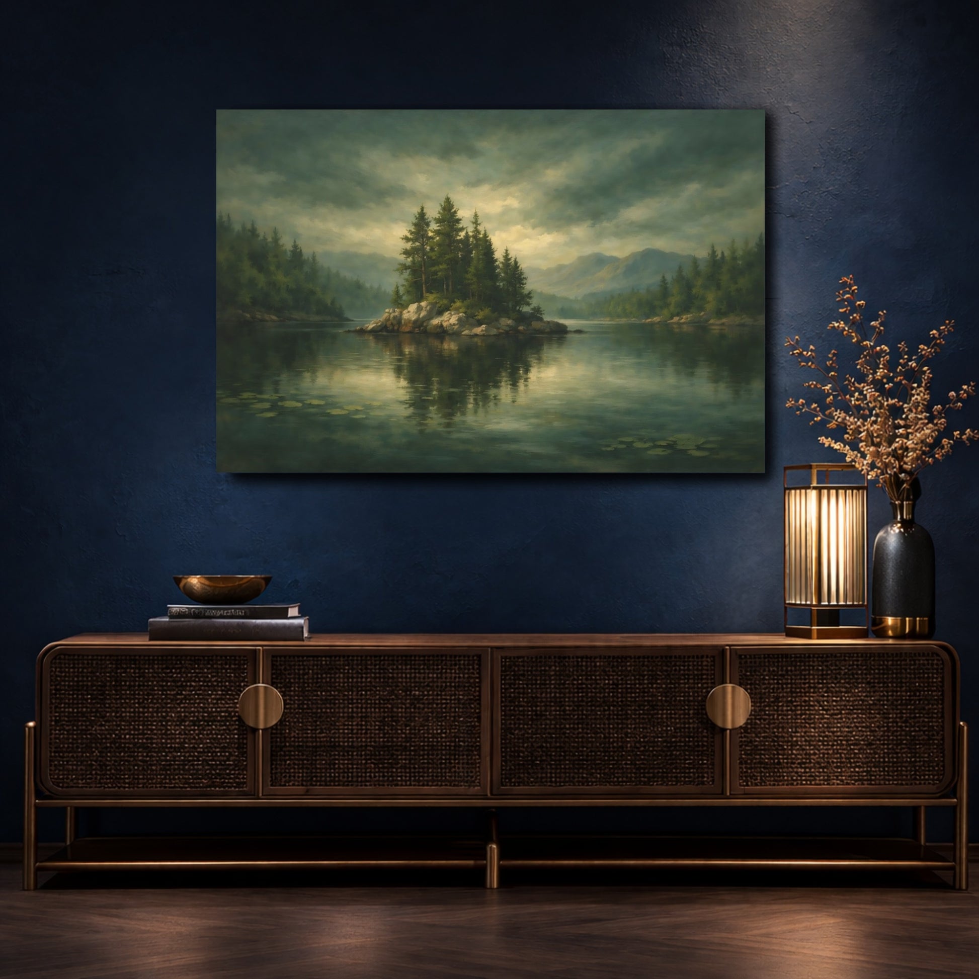 Mockup 4. Nature Forest Island Green Lake shown as stretched canvas wall art