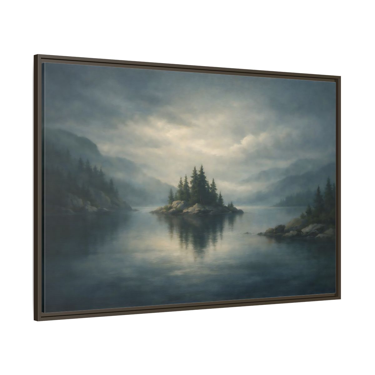Main Mockup. Nature Forest Island Grey-Blue Landscape shown as stretched canvas wall art
