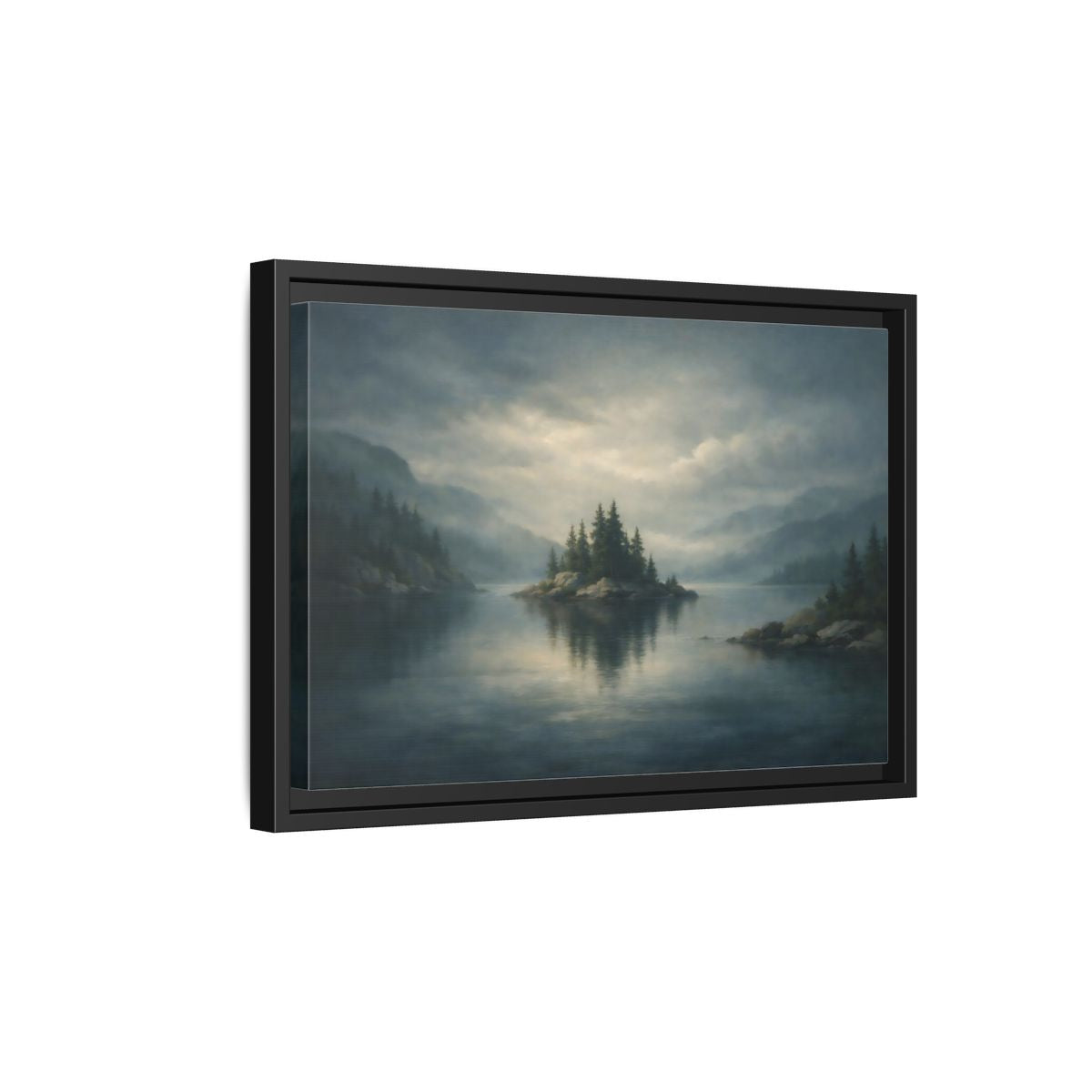 Side Mockup 6. Nature Forest Island Grey-Blue Landscape shown as stretched canvas wall art