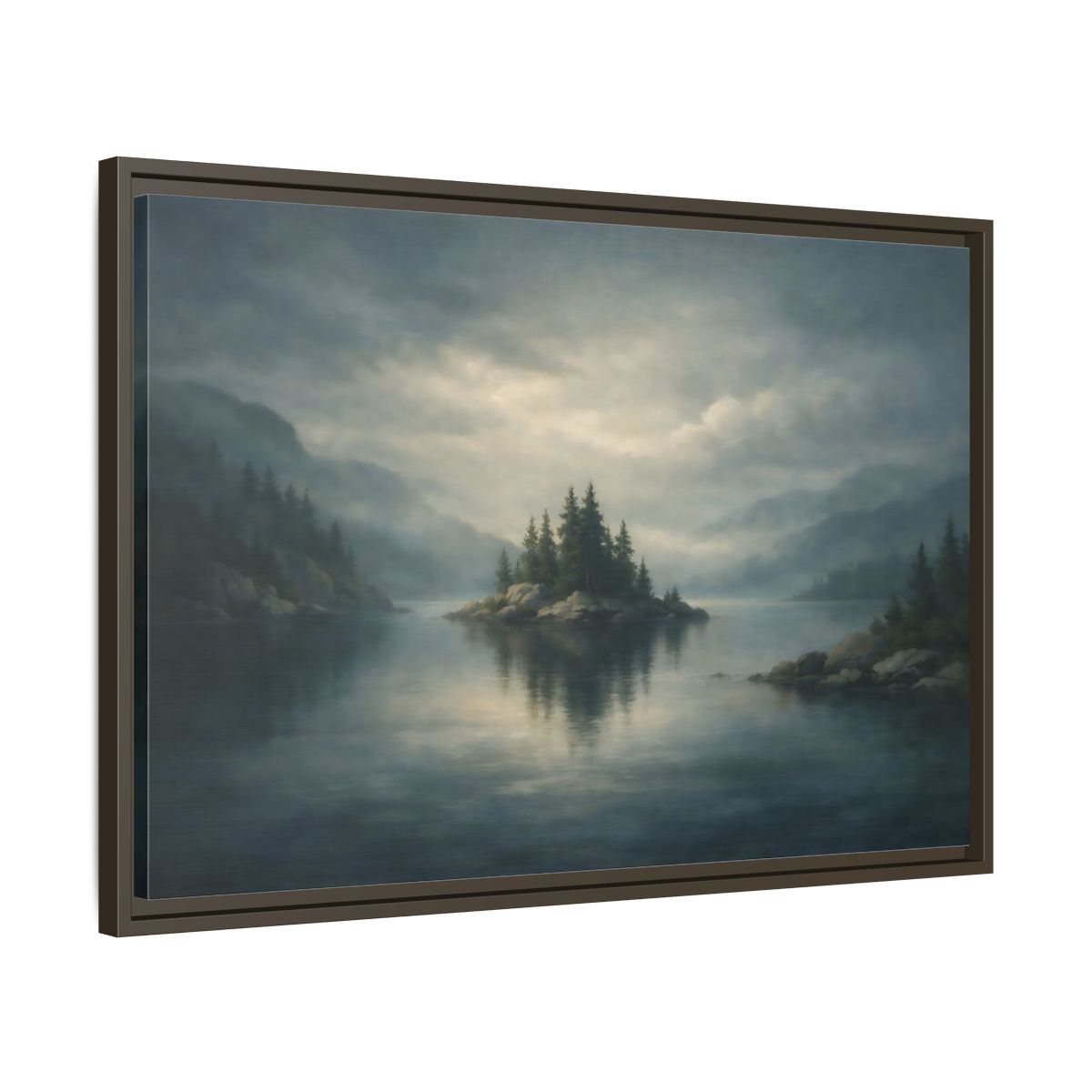 Side Mockup 11. Nature Forest Island Grey-Blue Landscape shown as stretched canvas wall art