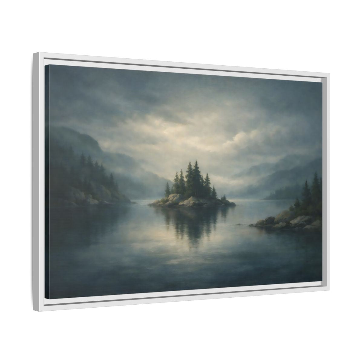 Side Mockup 10. Nature Forest Island Grey-Blue Landscape shown as stretched canvas wall art