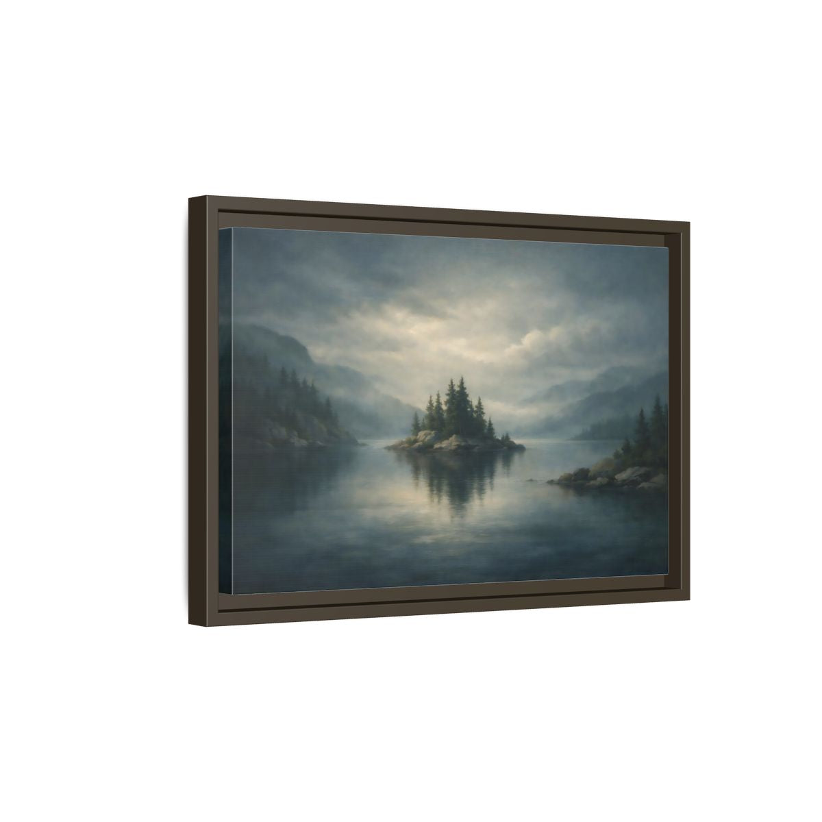 Side Mockup 5. Nature Forest Island Grey-Blue Landscape shown as stretched canvas wall art