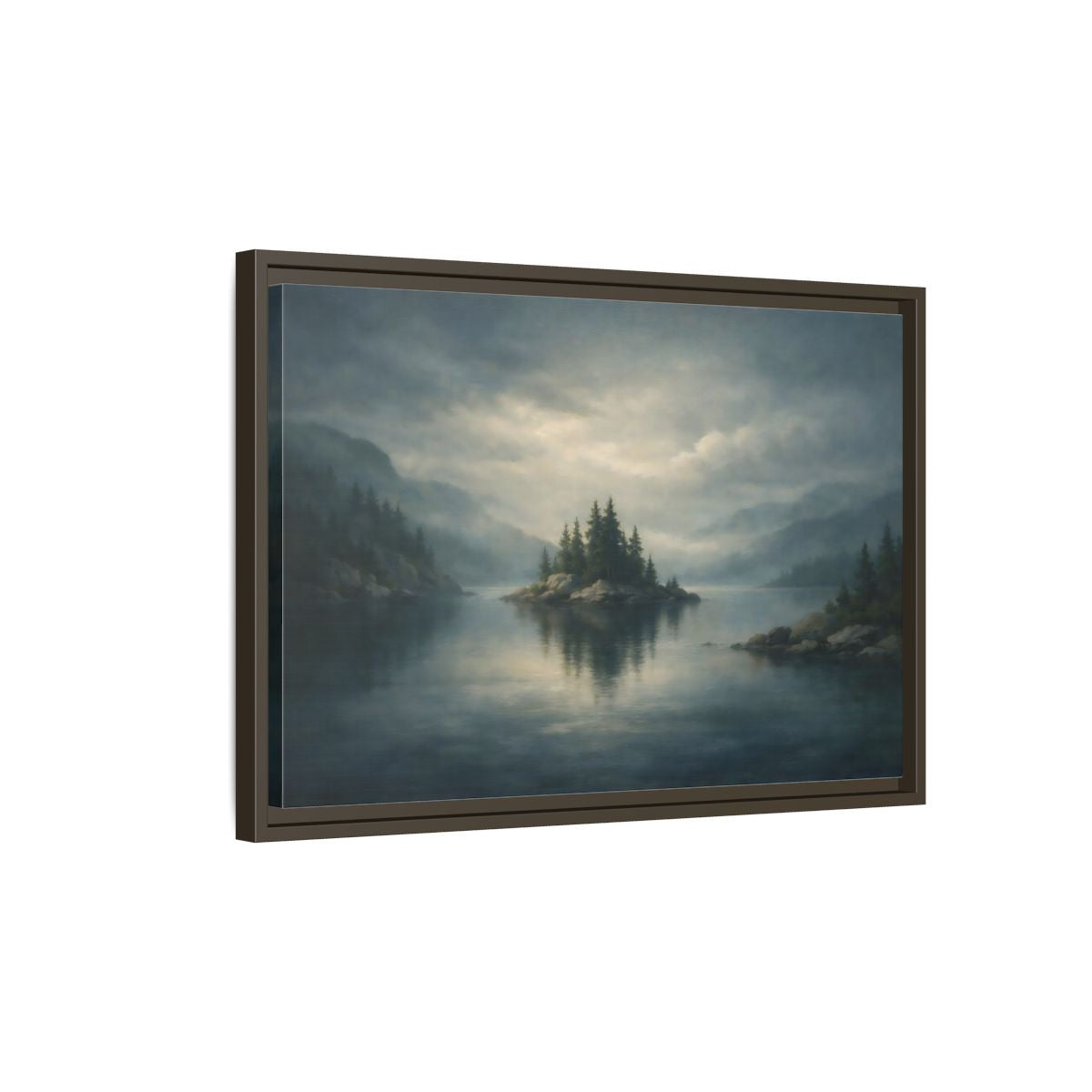 Side Mockup 2. Nature Forest Island Grey-Blue Landscape shown as stretched canvas wall art
