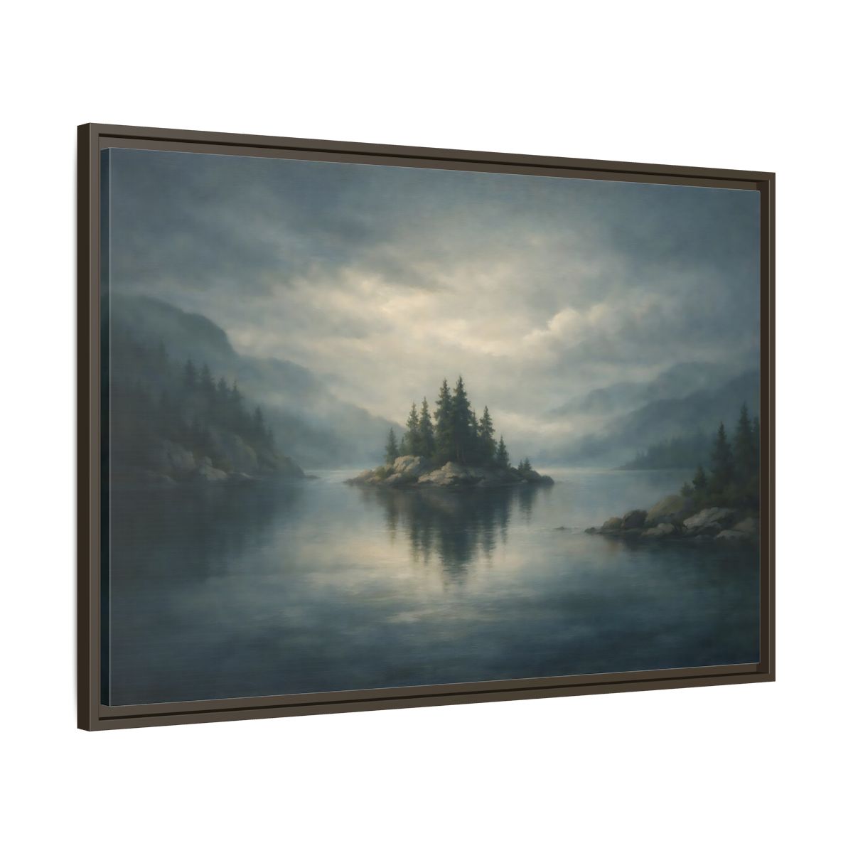 Side Mockup 9. Nature Forest Island Grey-Blue Landscape shown as stretched canvas wall art