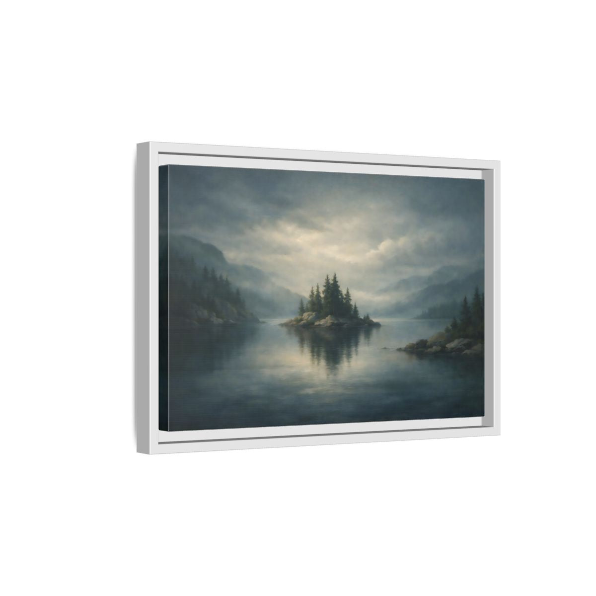 Side Mockup 4. Nature Forest Island Grey-Blue Landscape shown as stretched canvas wall art