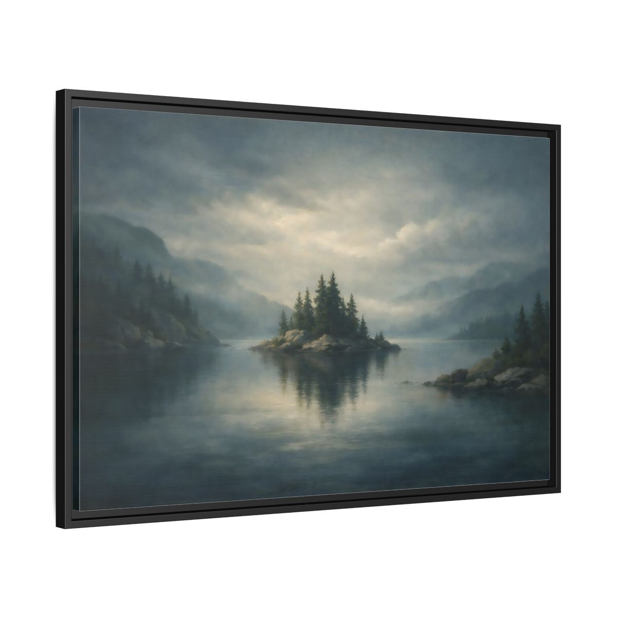 Side Mockup 13. Nature Forest Island Grey-Blue Landscape shown as stretched canvas wall art