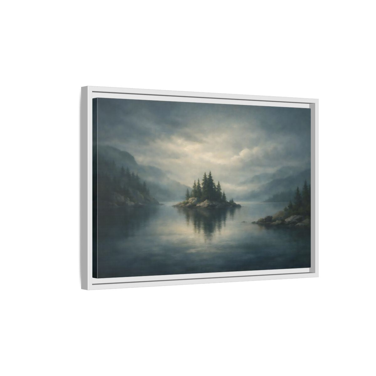 Side Mockup 1. Nature Forest Island Grey-Blue Landscape shown as stretched canvas wall art