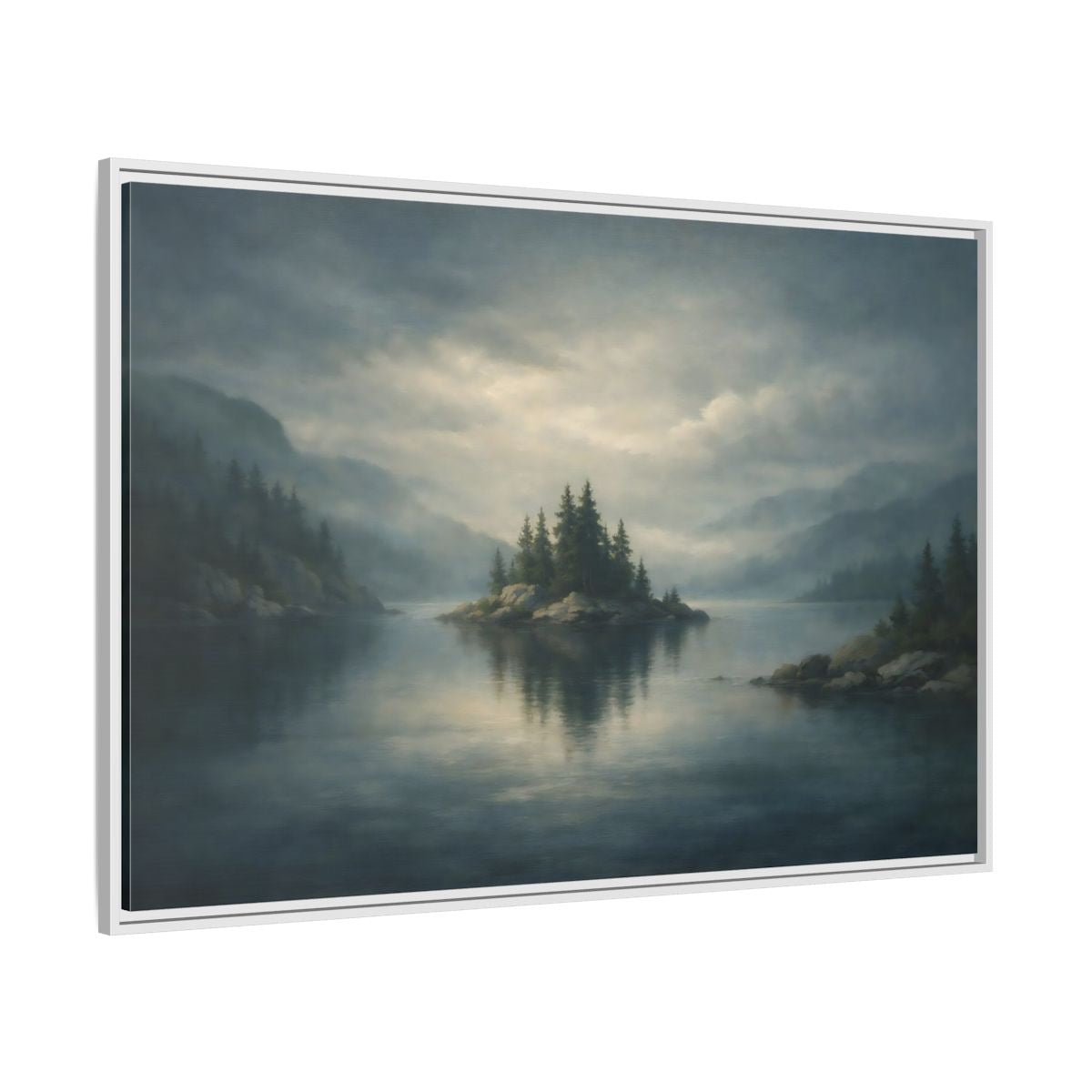Side Mockup 7. Nature Forest Island Grey-Blue Landscape shown as stretched canvas wall art