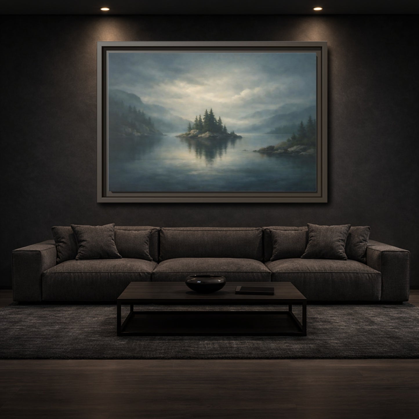 Mockup 2. Nature Forest Island Grey-Blue Landscape shown as stretched canvas wall art