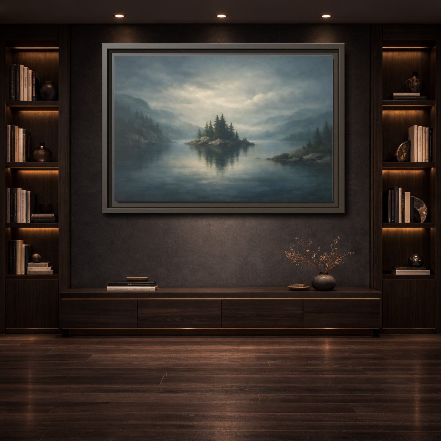 Mockup 3. Nature Forest Island Grey-Blue Landscape shown as stretched canvas wall art