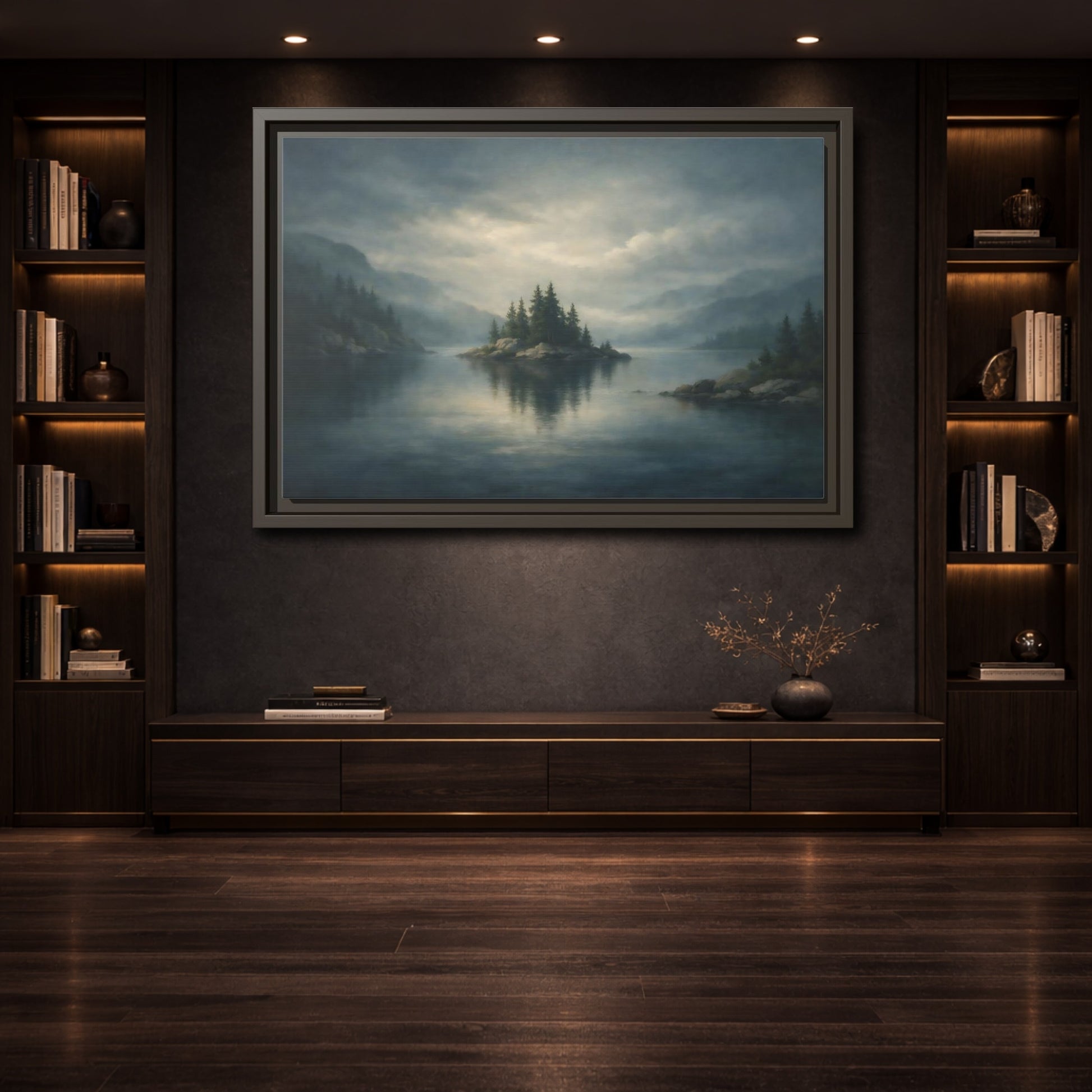 Mockup 3. Nature Forest Island Grey-Blue Landscape shown as stretched canvas wall art