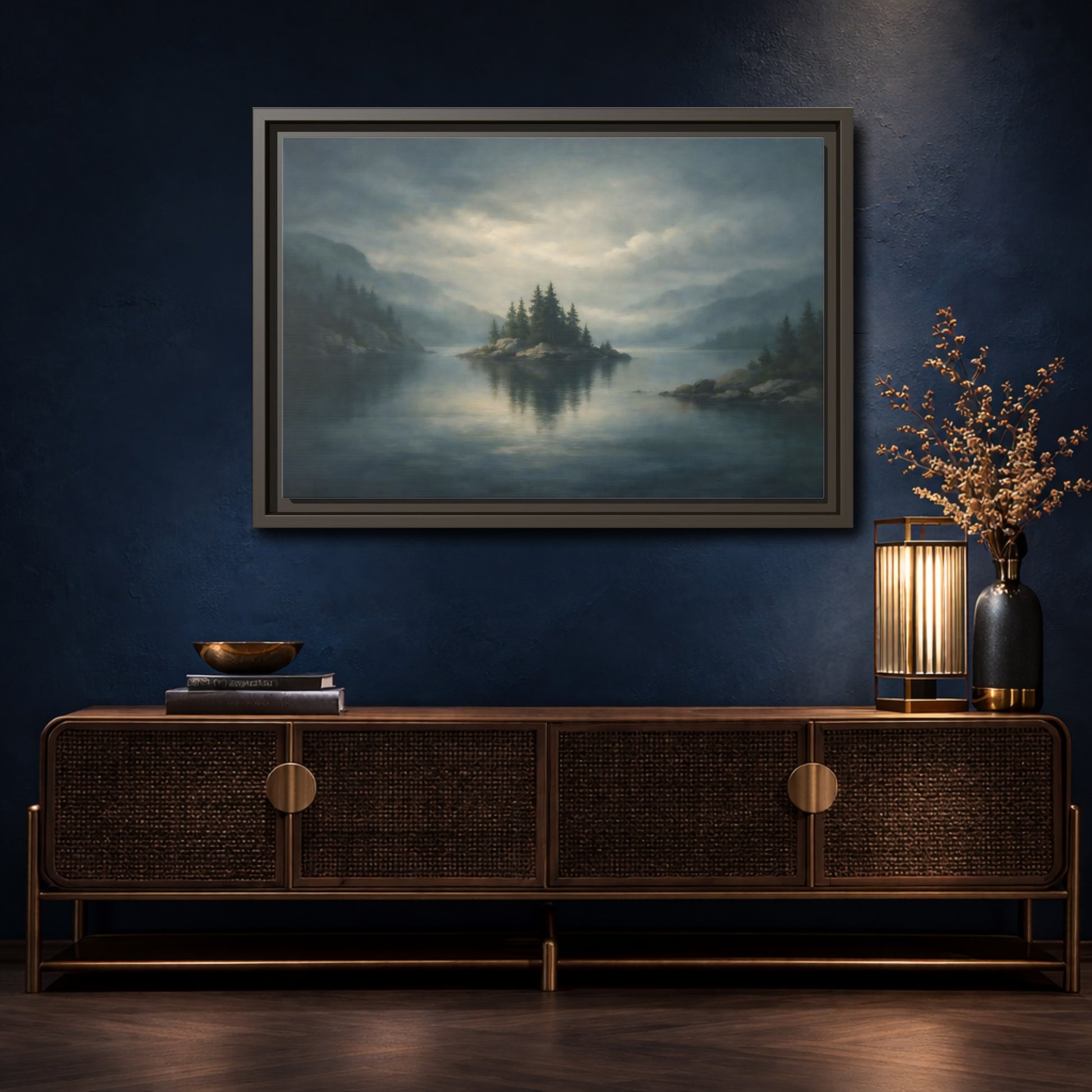 Mockup 4. Nature Forest Island Grey-Blue Landscape shown as stretched canvas wall art