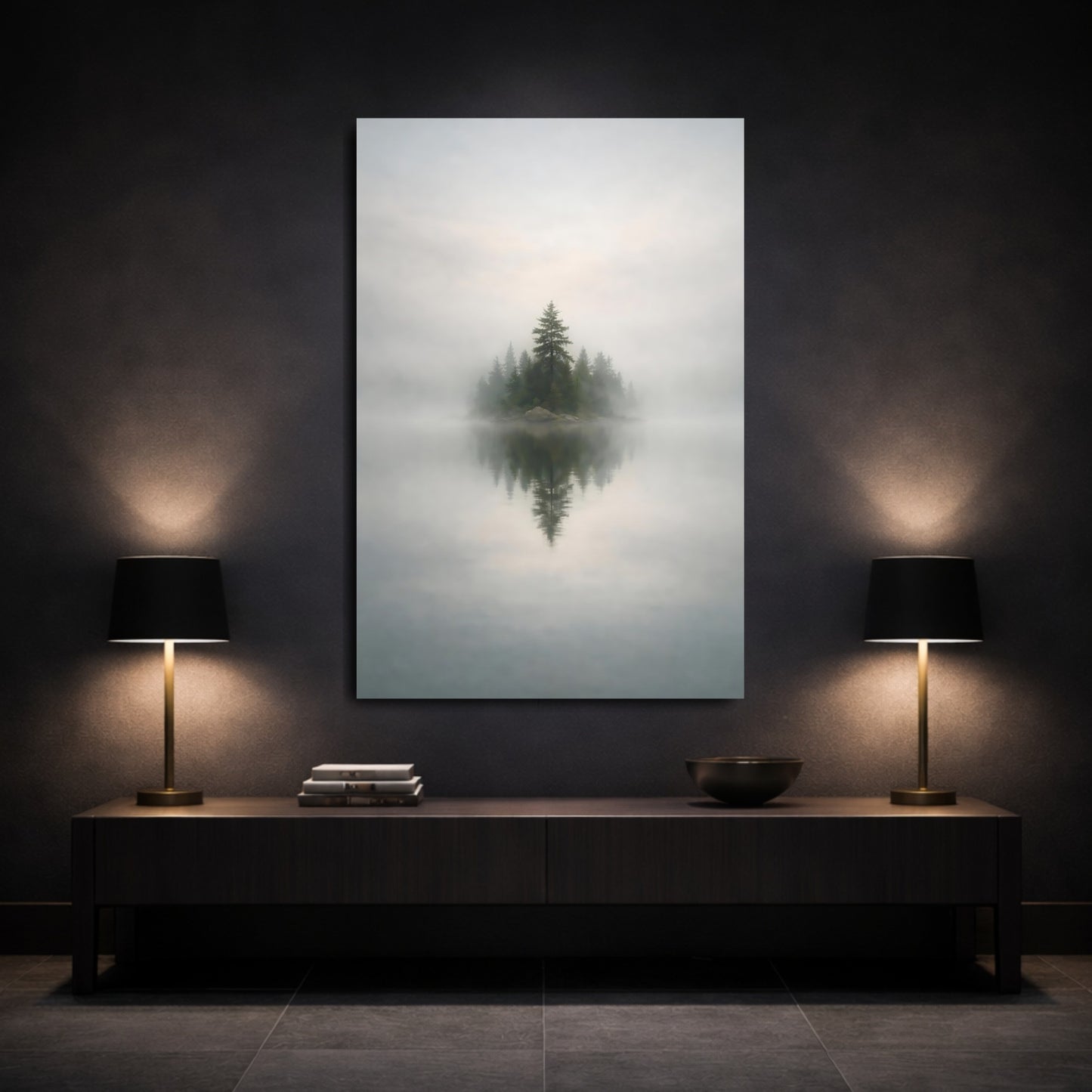 Nature Forest Island Misty Forest Island shown as front canvas room wall art