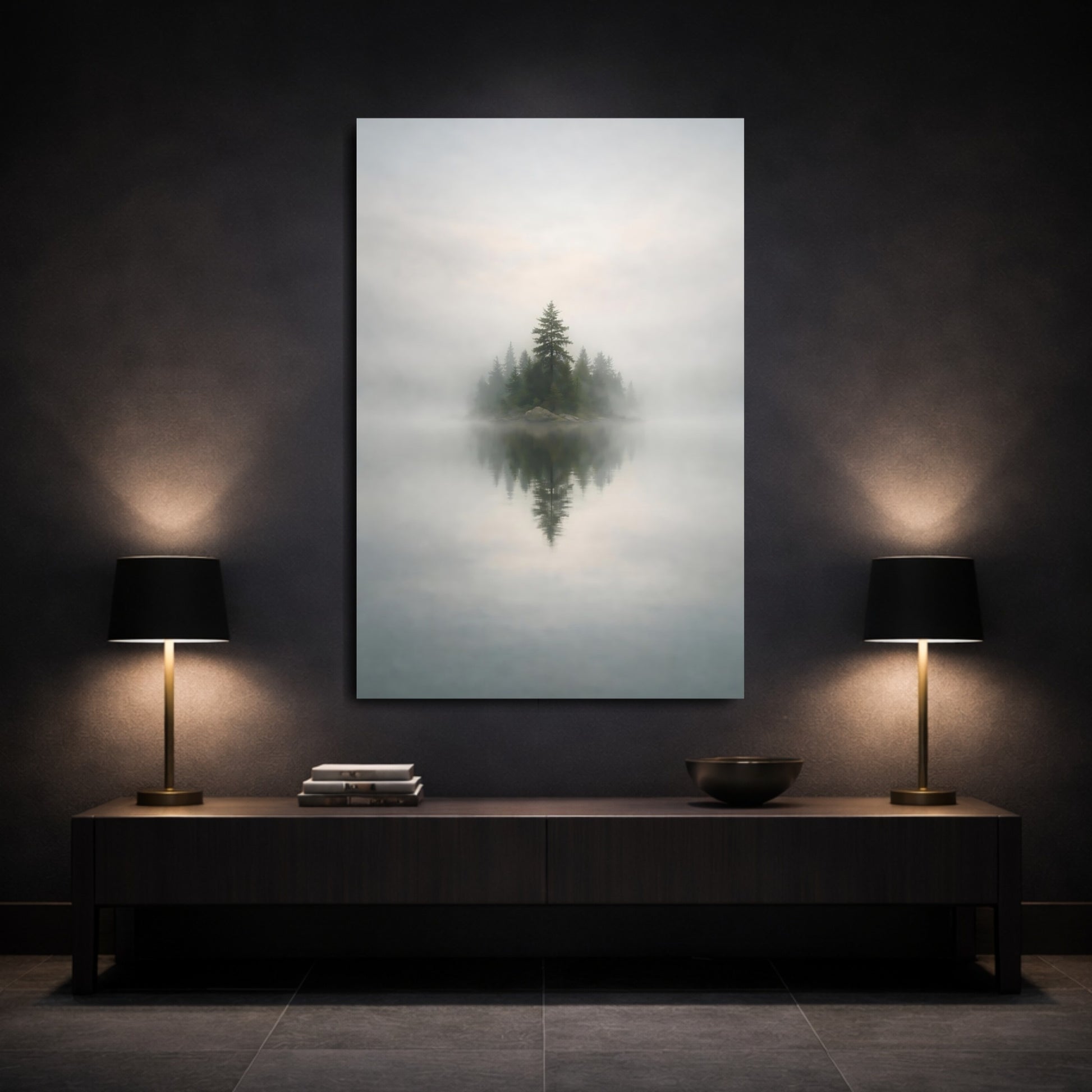 Nature Forest Island Misty Forest Island shown as front canvas room wall art